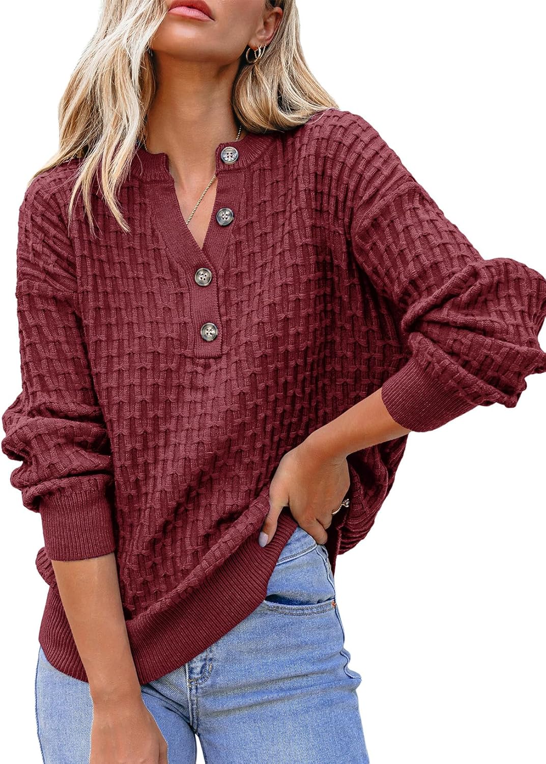 Dokotoo Womens Sweaters 2025 Casual Long Sleeve Henley Shirts V Neck Textured Button Fall Sweater Loose Fit Jumper Tops