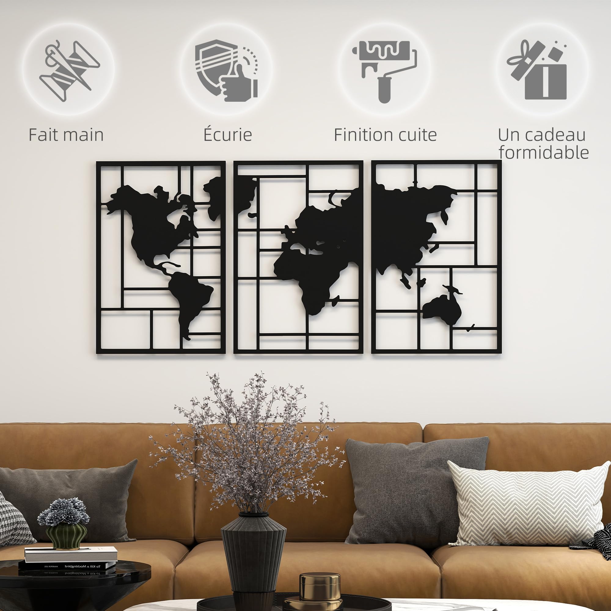 HOMCOM Lot de 3 Décorations Murales en Métal Moderne, 50 x 80 cm, Noir
