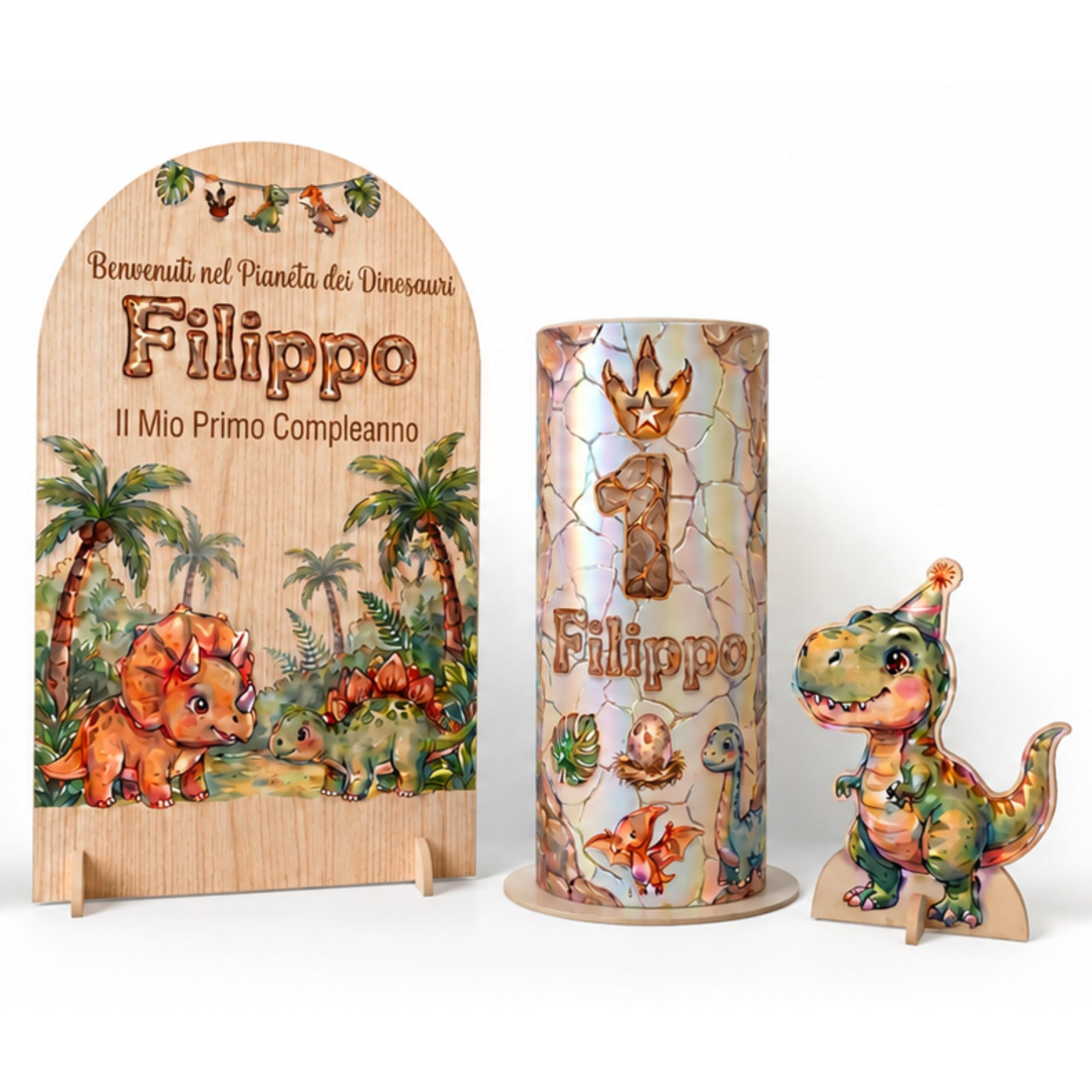 Espositore Dinosauri Compleanno Personalizzabile con Nome ed Età - Set 3 Pezzi - Pannello ad Arco, Torta Scenografica e Statuina - Addobbo Festa Bambini - 90x170cm | Con Nome e Età, Tema Castello, Per Bambine, Set Decorazioni Festa, Personaggi Fatati