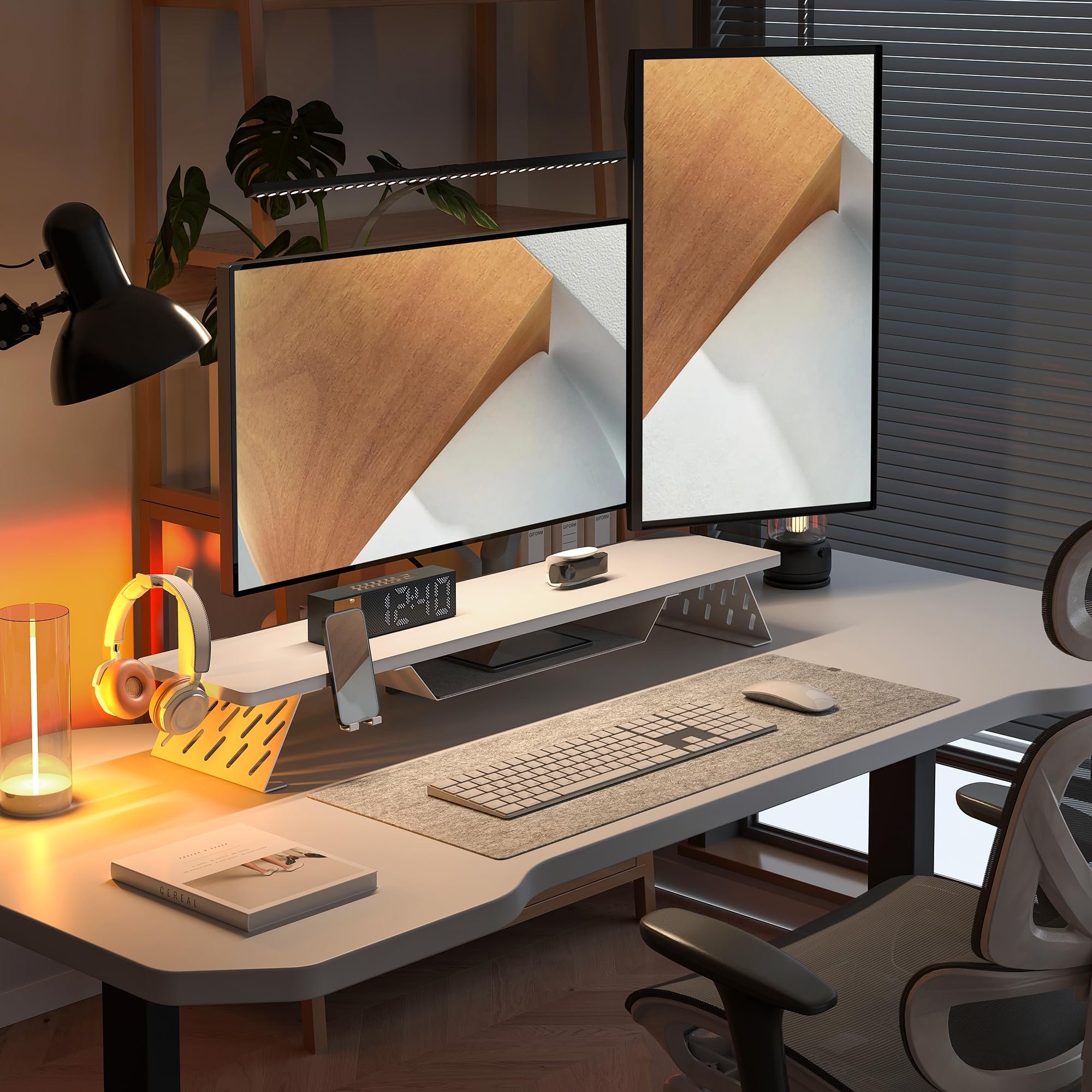 Fenge Supporto per Doppio Monitor con supporto per telefono/auricolare, Organizer Ergonomico per Scrivania per PC, Laptop Stampante, 108xW25xH13,8cm Capacità di carico 30KG (Bianco)