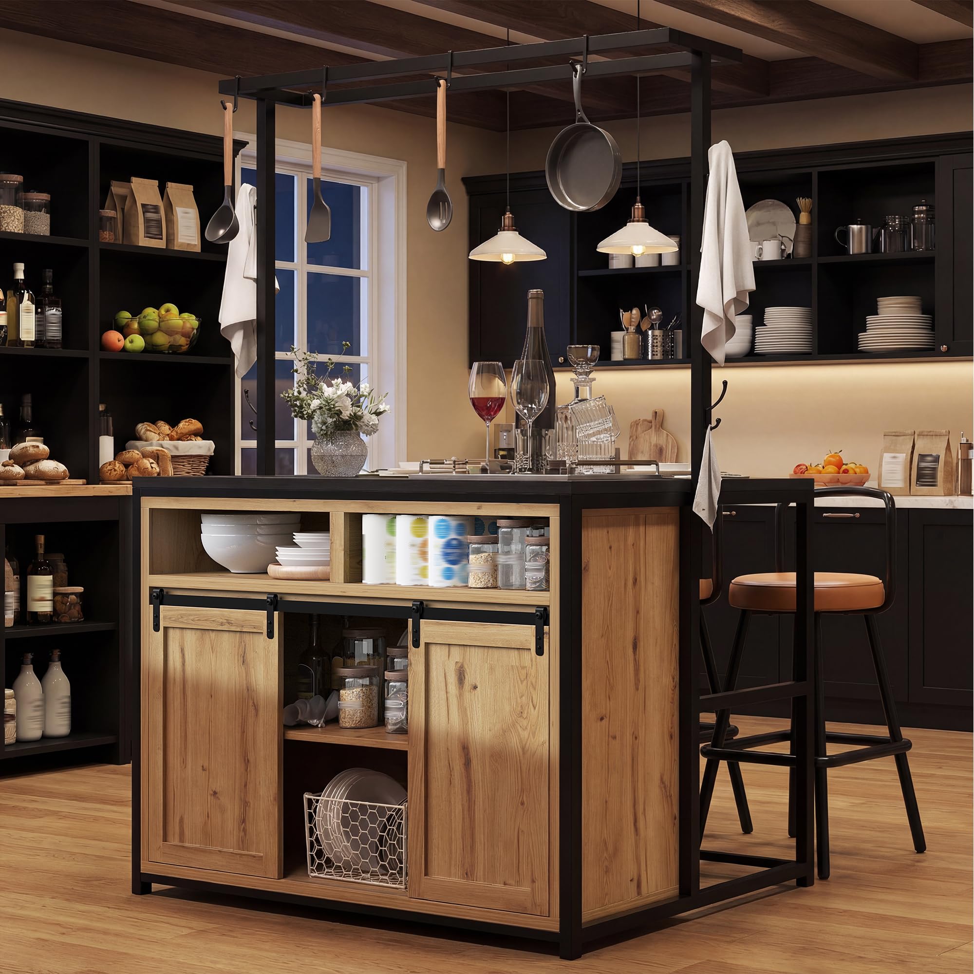 Kücheninselschrank 183 cm mit Arbeitsplatte, Stromanschluss & Hängeregal – Küchenschrank mit viel Stauraum für Küche & Esszimmer, Holzoptik