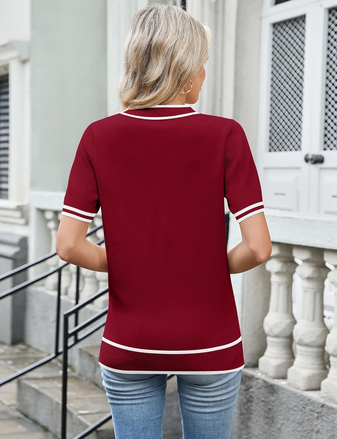 LOMON Women Short Sleeve Sweater 2026 Spring Summer Trendy Tops V Neck Dressy Casual Work Pullover Sweaters - Image 4