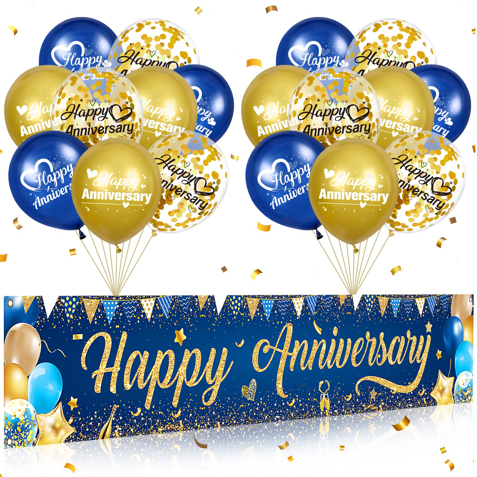 Happy Anniversary Banner Decorations Navy Blue Gold Happy Anniversary Yard Banner Sign with 18pcs Happy Anniversary Balloons Confetti Set for Men