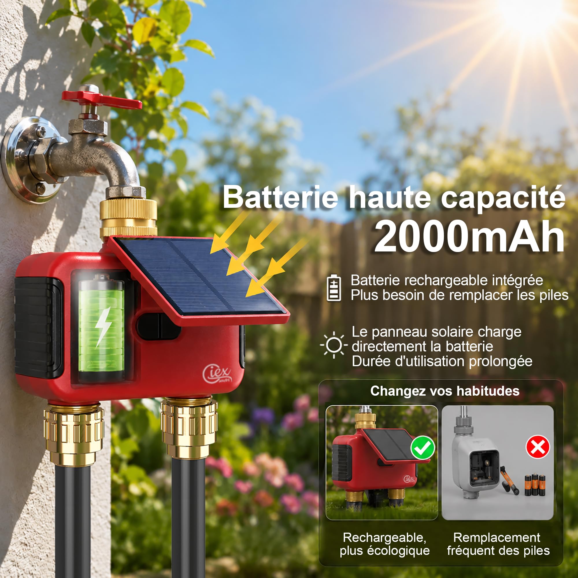 Programmateur d’arrosage WiFi 2 Zones, minuteur d’Eau Solaire Rechargeable Double Sortie, raccords en Laiton, sans hub, Compatible Alexa et Google Assistant