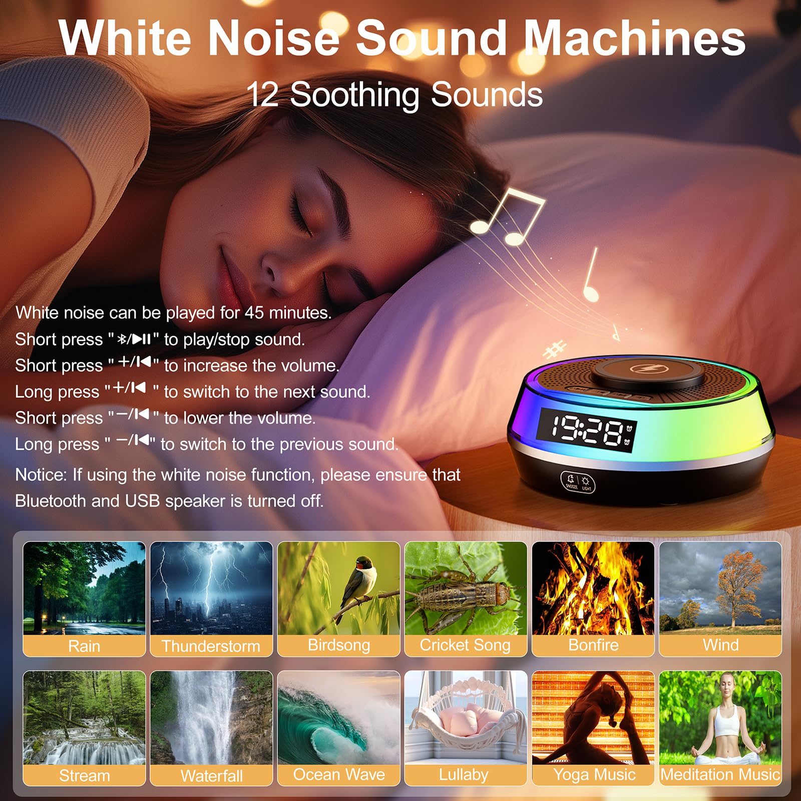 Schlafzimmer-Wecker mit kabellosem Laden, Bluetooth & RGB