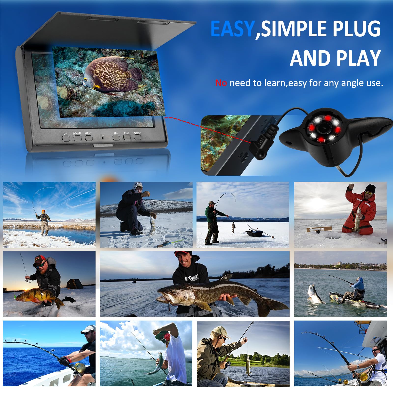 Cámara Submarina para Pesca 7 Pulgadas 720P HD, 4 Luces IR Nocturnas, 110° Vista Gran Angular, Monitor a Color IP68, Cable de 20m, Ideal para Pesca en Hielo/Nocturna, Incluye Tarjeta 32GB