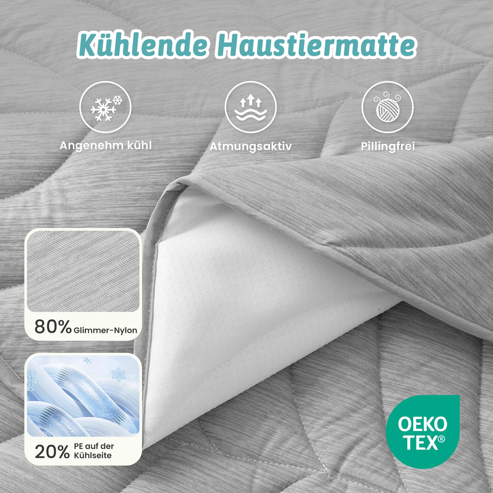 COZY KISS Kühlmatte für Große Hunde 99x86cm, Selbstkühlende Hundematte Q-Max>0.4 für Sommer, Kühlkissen ohne Gel wasserfest rutschfest waschbar für Groß Katzen, Sofa Bett Boden Auto, Grau