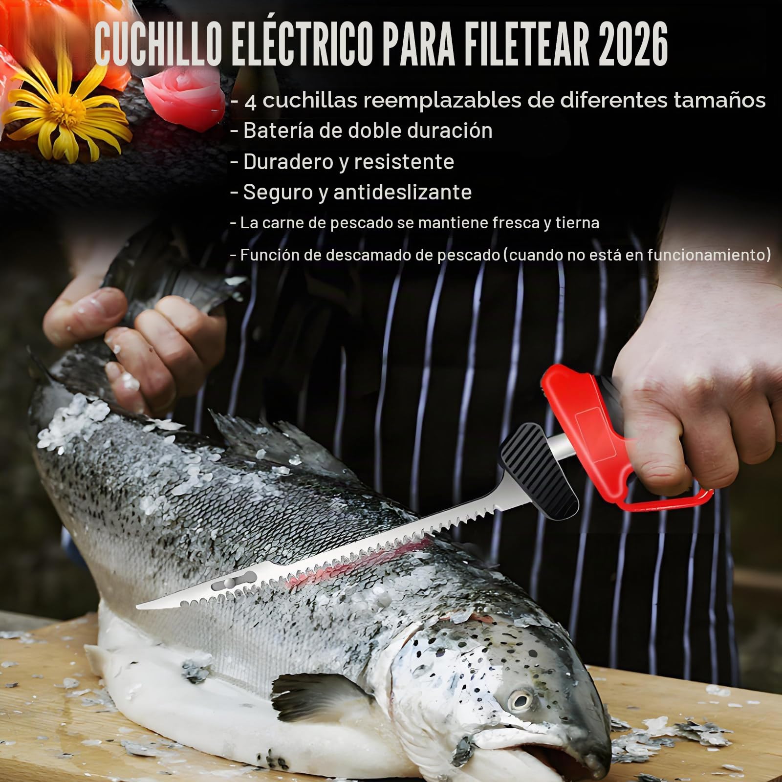 Cuchillo Eléctrico Inalámbrico Profesional para Filetear Pescado Y Carne, Recargable, Ideal para Acampadas Y Pesca. Incluye 4 Cuchillas, 2 Baterías De 2000 Mah Y Un Seguro De Bloqueo.
