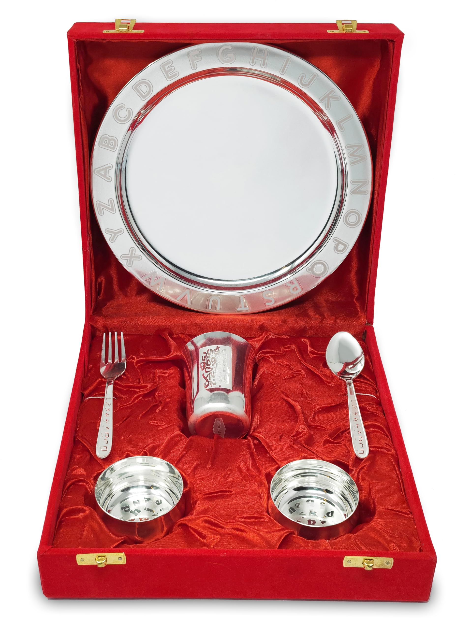 BENGALEN Silver Plated Dinner Set with Red Velvet Gift Box for Baby Rice Ceremony Annaprashan Sanskar Gifts for Boys Girls Birthday Return Festive Home Decorative Items (B0CXM6DZNW) Amazon Price History, Amazon Price Tracker