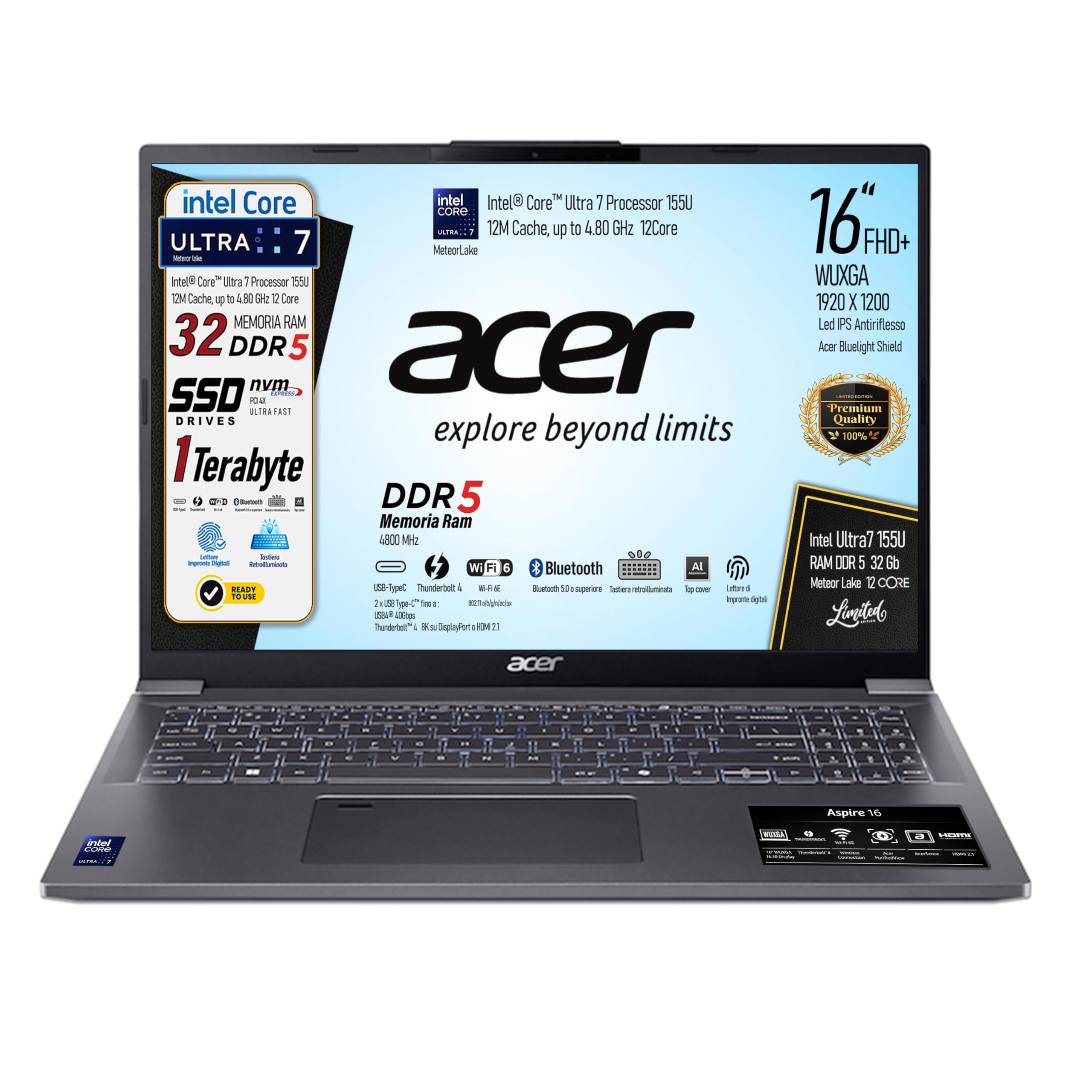 Acer Notebook, Intel Ultra7 155U Meteor Lake, Ram DDR5 32Gb, SSD Pci da 1 Tb, Display WUXGA 16" FHD+, Tastiera qwerty retroilluminata, fingerprint, Wi-Fi 6, thunderbolt 4, Hdmi, pronto all'uso