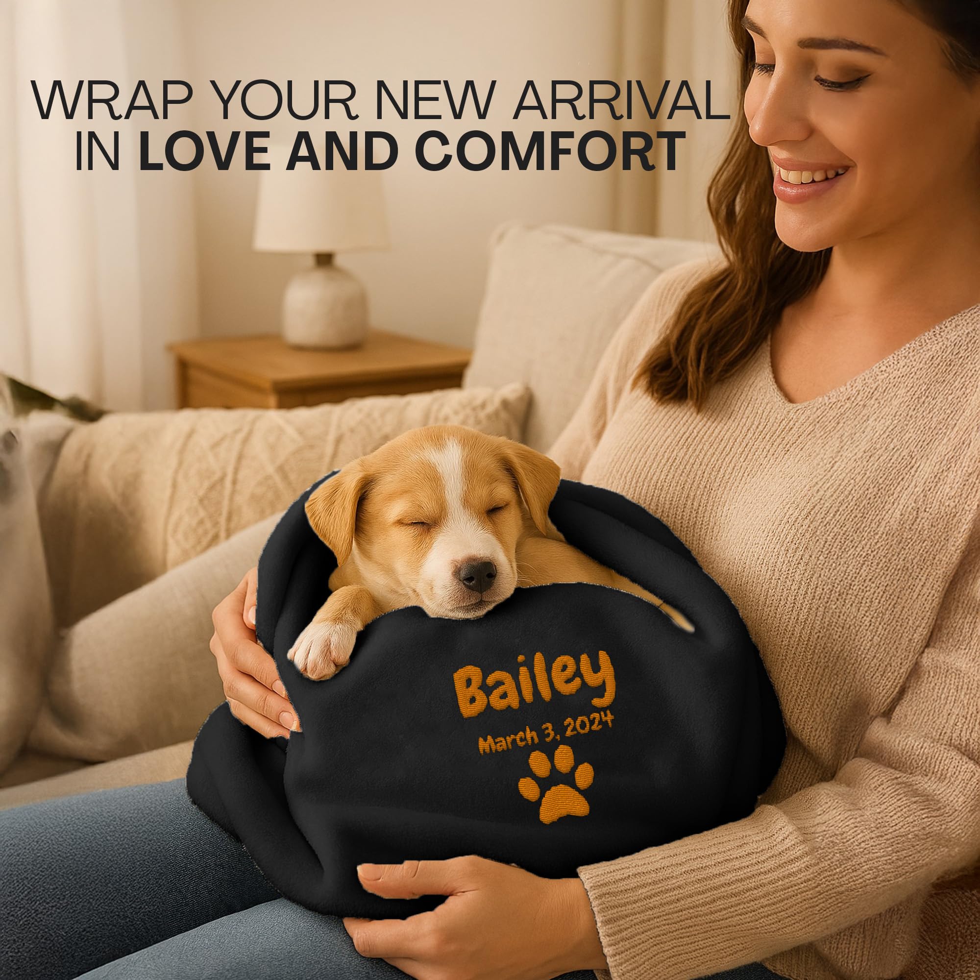 Personalized Puppy Blanket – Custom Embroidered Dog Blanket with Name & Birth Date – Soft New Puppy Gift – Keepsake for Dog Lovers, Pup Moms & New Pet Owners - Black