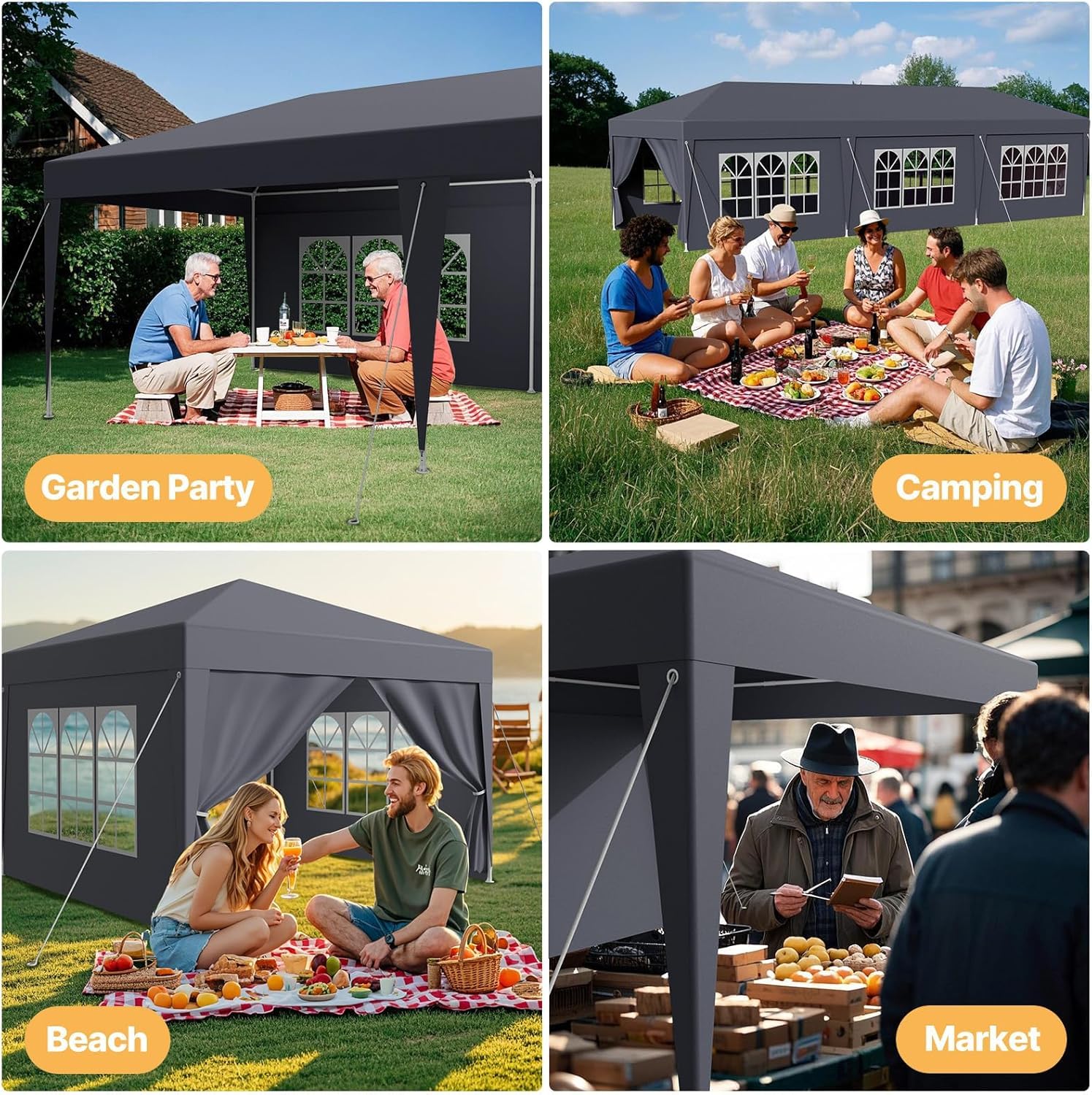 Tonnelle de Jardin Extérieur 3x6m Barnum Pliant Imperméable avec 4 Parois Latérales et Fenêtres,Robuste en Acier et Bâche PE, Idéale pour Camping, Fête, Réception, Marché (Anthracite,3x6m)