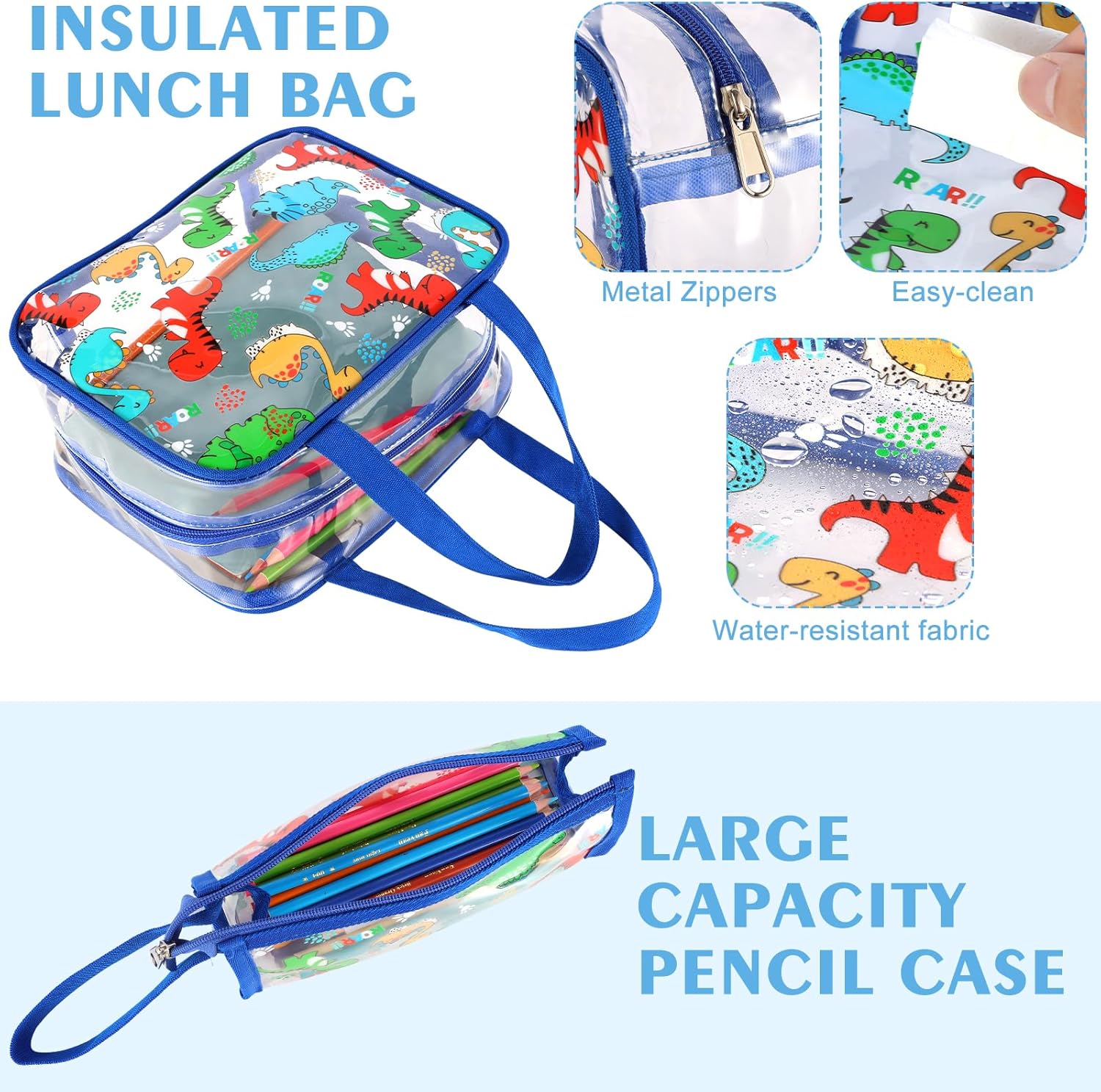 Kolewo4ever 3 Pieces Clear School Backpack Set Back to School Gift Blue Dinosaur Transparent Backpack with Lunch Bag and Pencil Pouch for Girl Boy Kid Heavy Duty Bookbags Middle School Travel Pack - Image 5