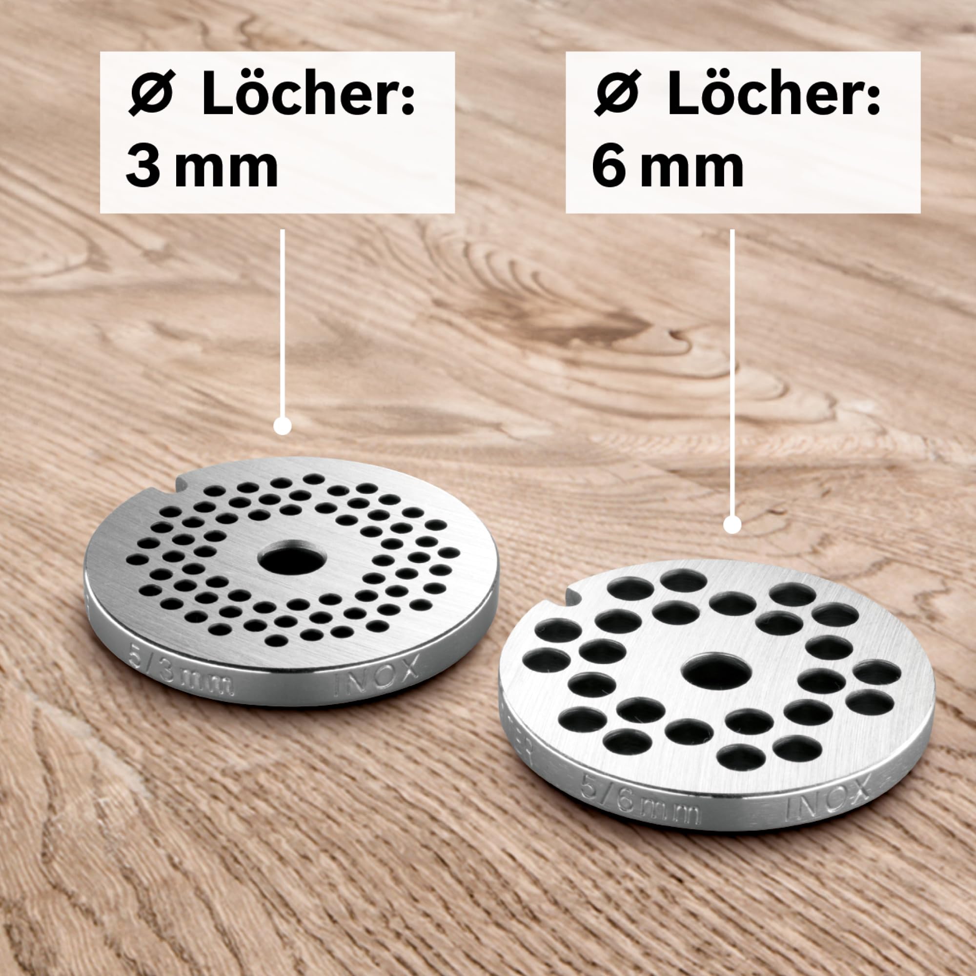 Bosch Lochscheiben Set MUZ45LS, Fleischwolf notwendig, 2 Scheiben: 3mm / 6mm, Zubehör passend für Küchenmaschinen Serie 4, Serie 2, MUM44, Edelstahl, spülmaschinenfest