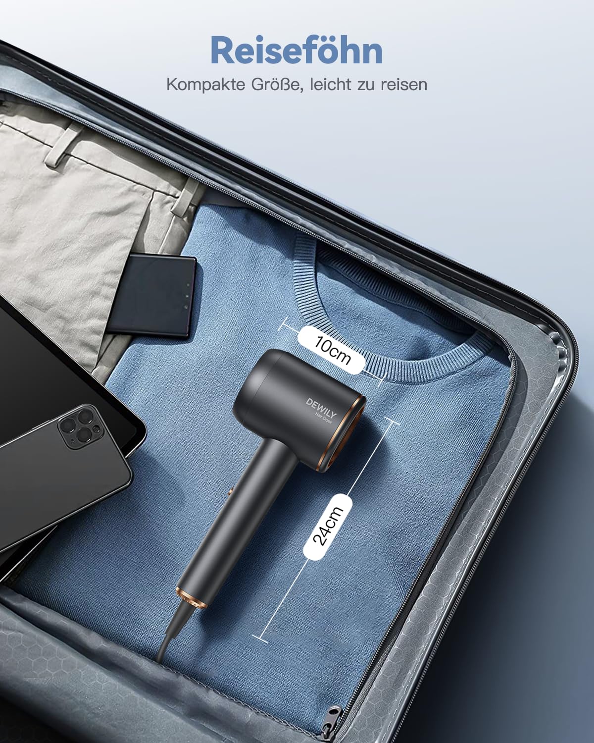 Ionen Föhn mit Diffusor 1800W - DEWILY Schnelltrocknen Haartrockner Hair Dryer, 3 Temperatureinstellungen/ 2-Gang, Kompakt Tragbar Reisefön mit Diffusor für Locken, Grau