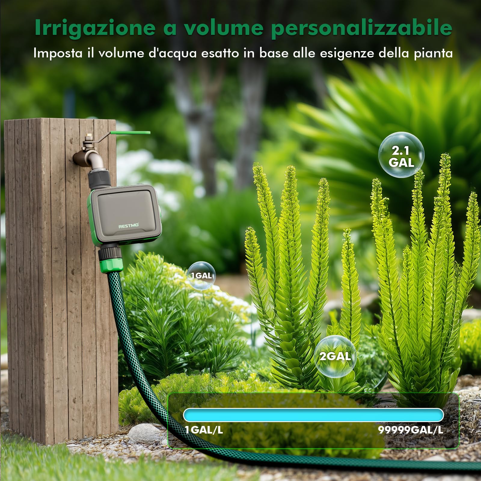 RESTMO Computer di irrigazione a 1 zona Wi-Fi + hub RF con flussometro | Orologio di irrigazione Automatico da Giardino, Controllo di Irrigazione, Sistema di Irrigazione per Giardino e Prato