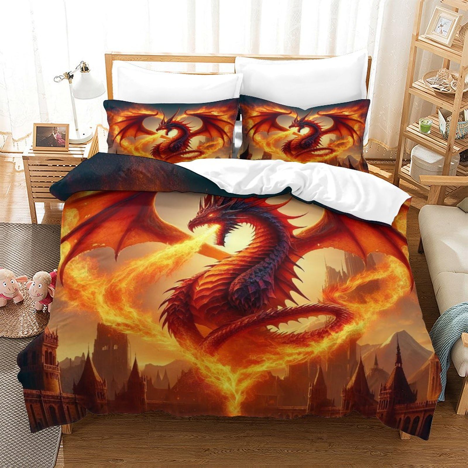 TNFHSOFT Flying Dragon 3D Printed Quilt Cover Flame Dragon Design Duvet Cover Set Bedding Set,Soft Microfiber,Hidden Zipper Boys And Girls Single（140x200cm）