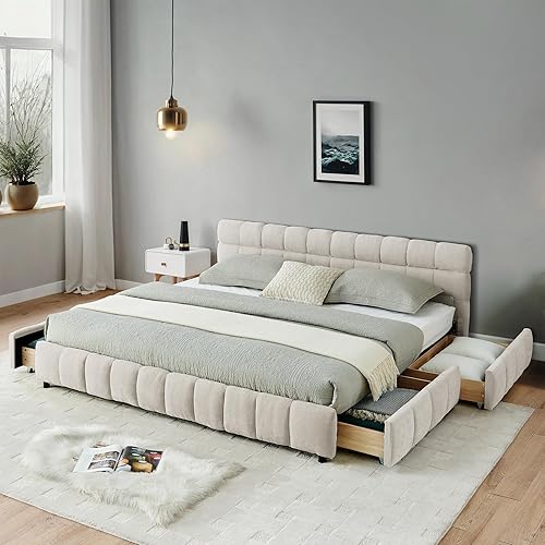 Miniatura 25 de Base de cama tapizada tamaño California King con tela de felpilla gruesa, cama de plataforma con cabecero copetudo, marco de madera maciza, diseño