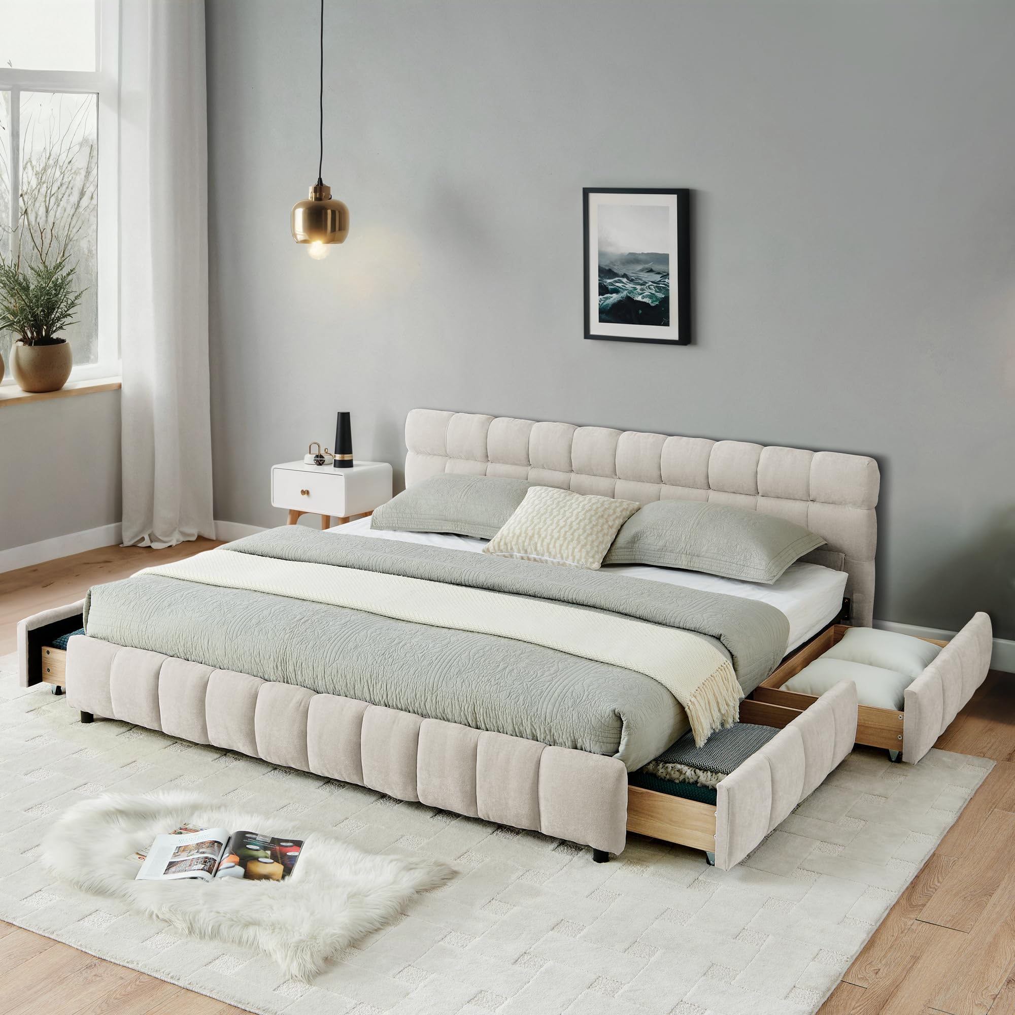 SOFTSEA California King Size Upholstered Floor Bed Frame with 4 Drawers, Chenille Fabric Grounded Bed Platform Bed with Thick Headboard, No Box Spring
