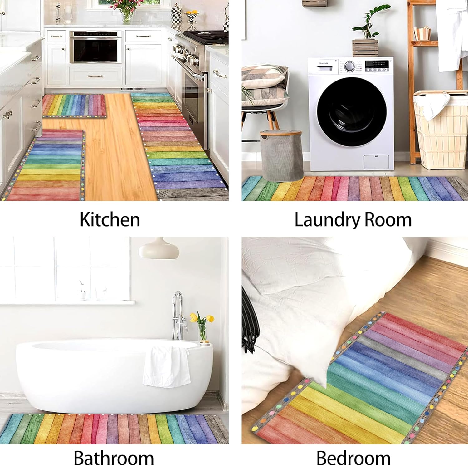 Rainbow Kitchen Mats for Floor, Colorful Stripes Memory Foam Mats, Cushioned Comfort Washable Non Slip Decor Rugs for Kitchen Sinks Laundryroom Bathroom 2PCS