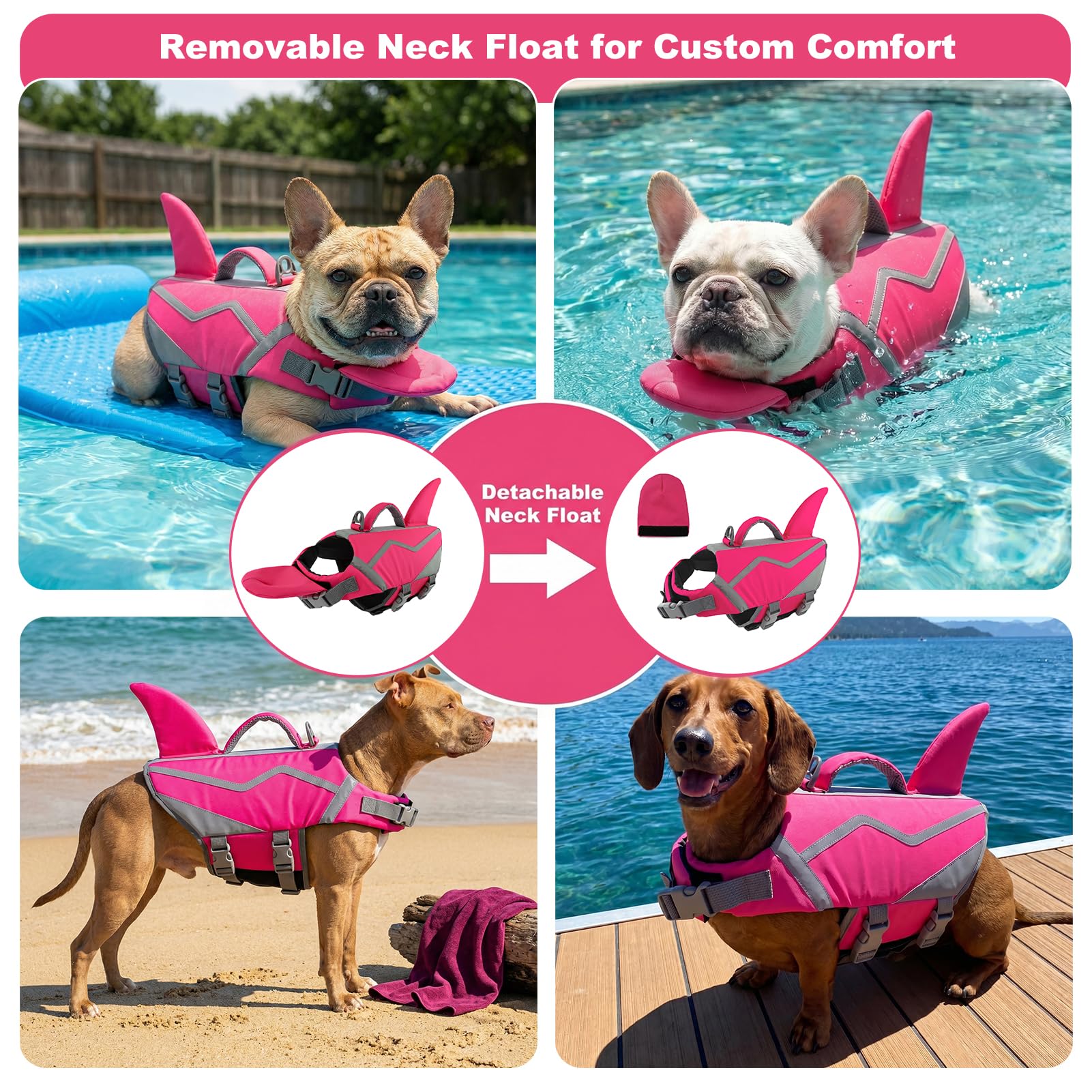 Doglay Gilet de sauvetage pour chien avec tour de cou amovible, flottabilité élevée réglable avec poignée de sauvetage pour la natation et le bateau pour chiens