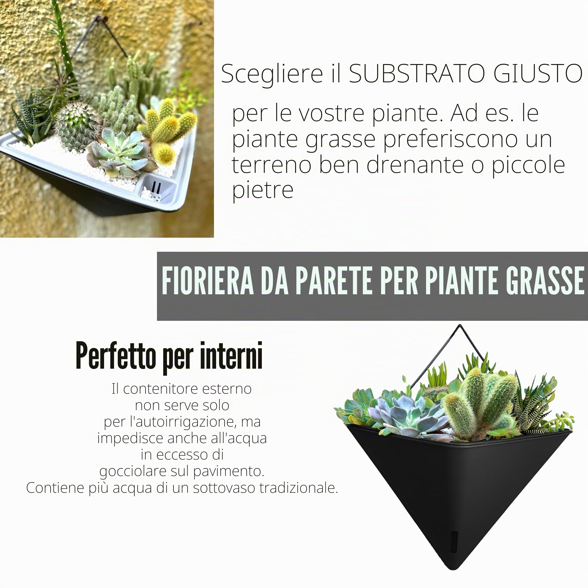 LaLaGreen - Fioriera da parete per interni (30,5 cm, 4 pezzi) grandi piante autoirriganti | Vaso da fiori geometrico nero da appendere con gancio in metallo, moderno ed elegante supporto da parete per piante grasse