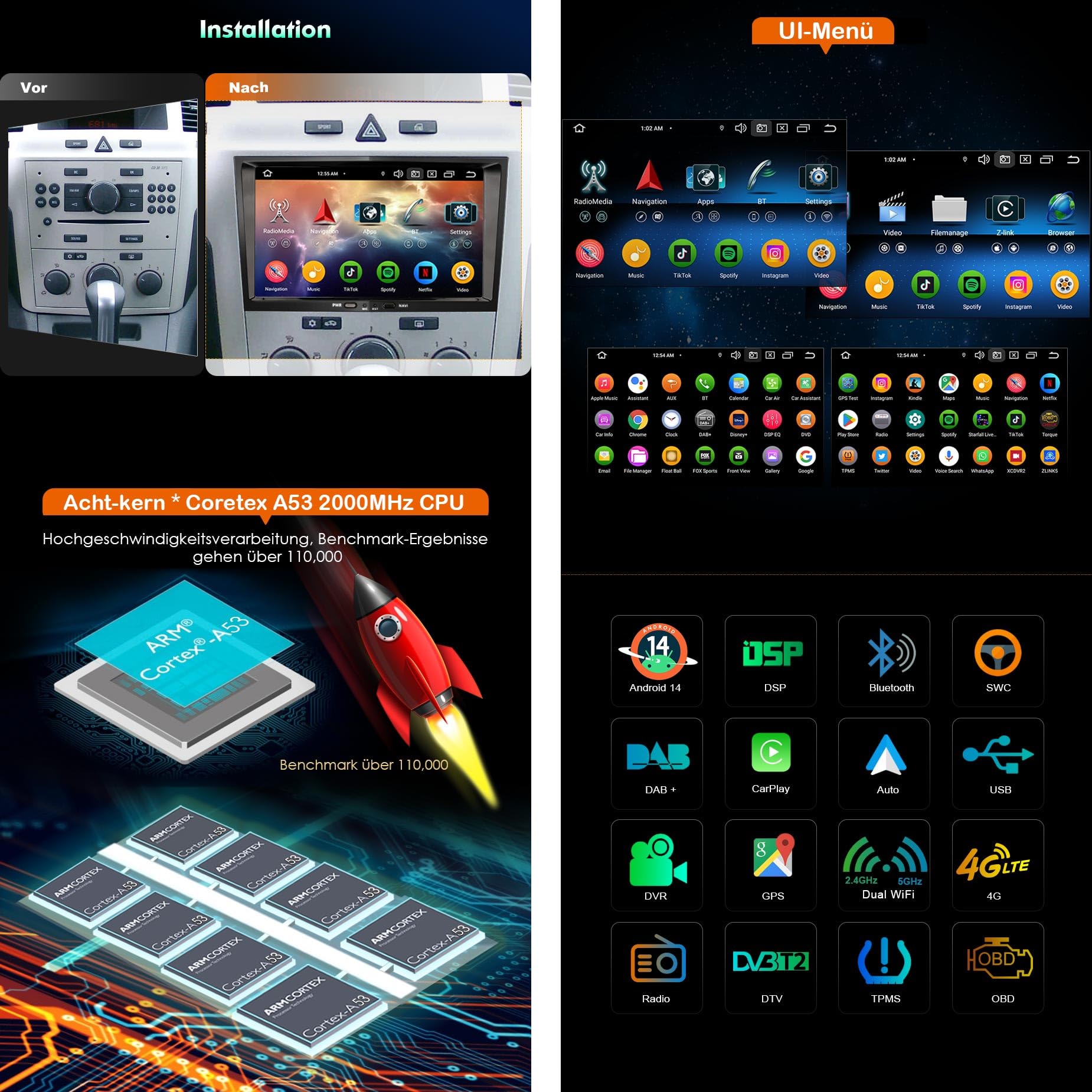 Erisin 8-calowe ośmiordzeniowe radio samochodowe z systemem Android 13 DAB+, 4 GB + 64 GB, do Opel Astra H, Corsa D, Zafira, Meriva, Signum, Tigra, Vectra, z nawigacją GPS, CarPlay, Android, Auto WiFi
