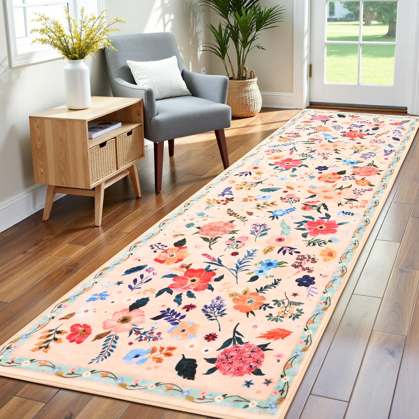 Terrug 2'6''x8' Beige Floral Area Rug for Hallways,Boho Machine Washable Runner Rugs with Non-Slip Blacking for Kitchen,Flower Carpet for Bedroom