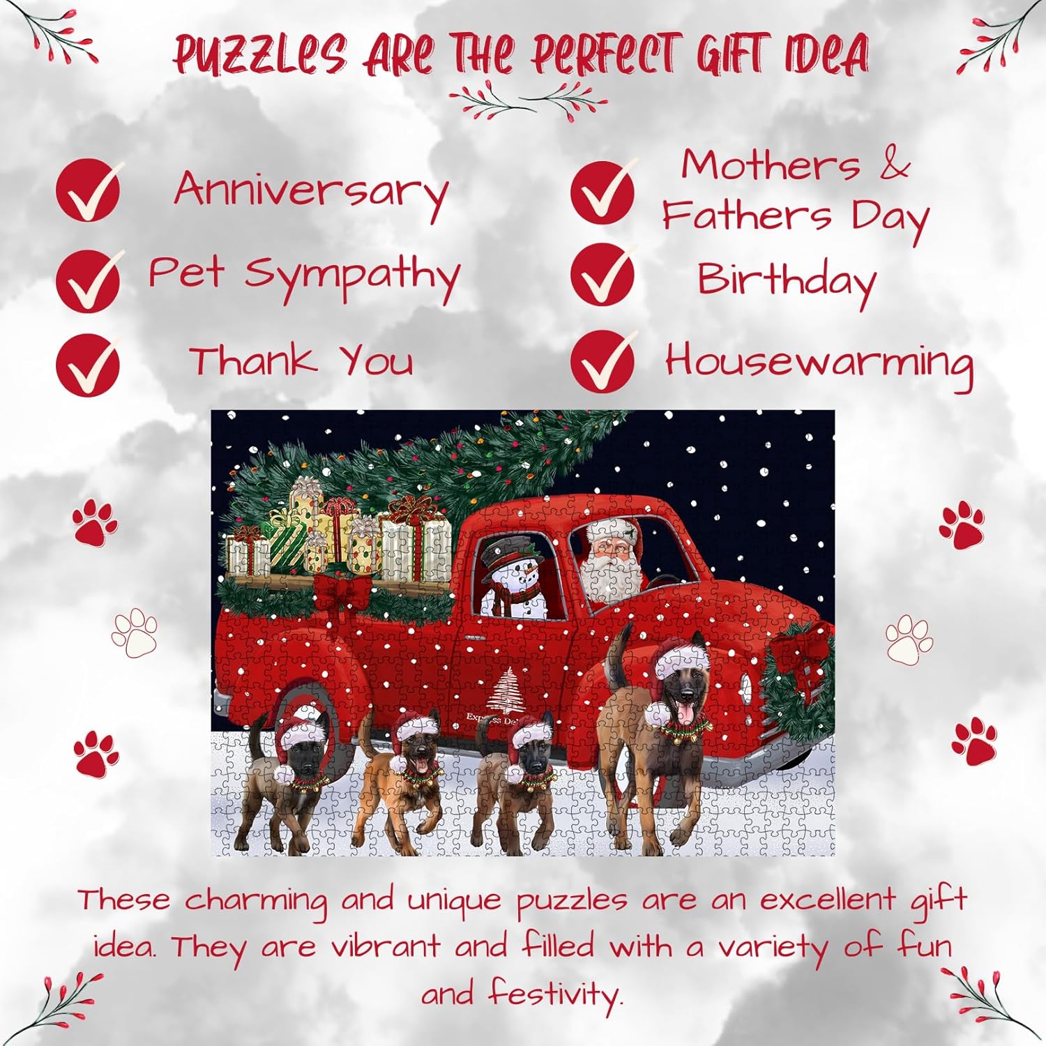 Christmas Express Delivery Red Truck Running Belgian Malinois Dogs Jigsaw Puzzle for Adults - Animal Printed Interlocking Puzzle Gift for Dog Lover's- 500 Pcs 14"x20"