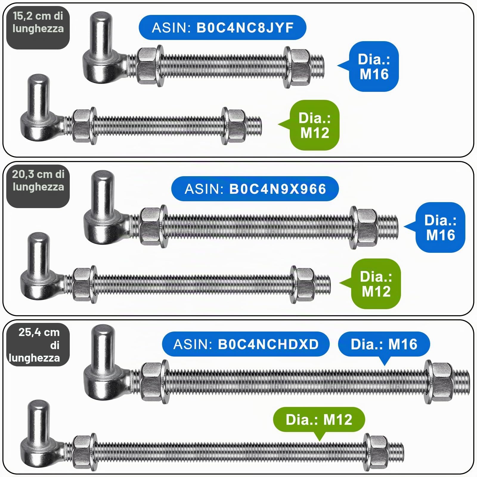 Insaga J Bolt, 2 cerniere per cancello, in acciaio inox 304, M12 x 20,3 cm, vite per cancello da 1,6 cm, per recinzioni in rete metallica, fattoria, recinzione in legno, vialetto, supporta fino a 227