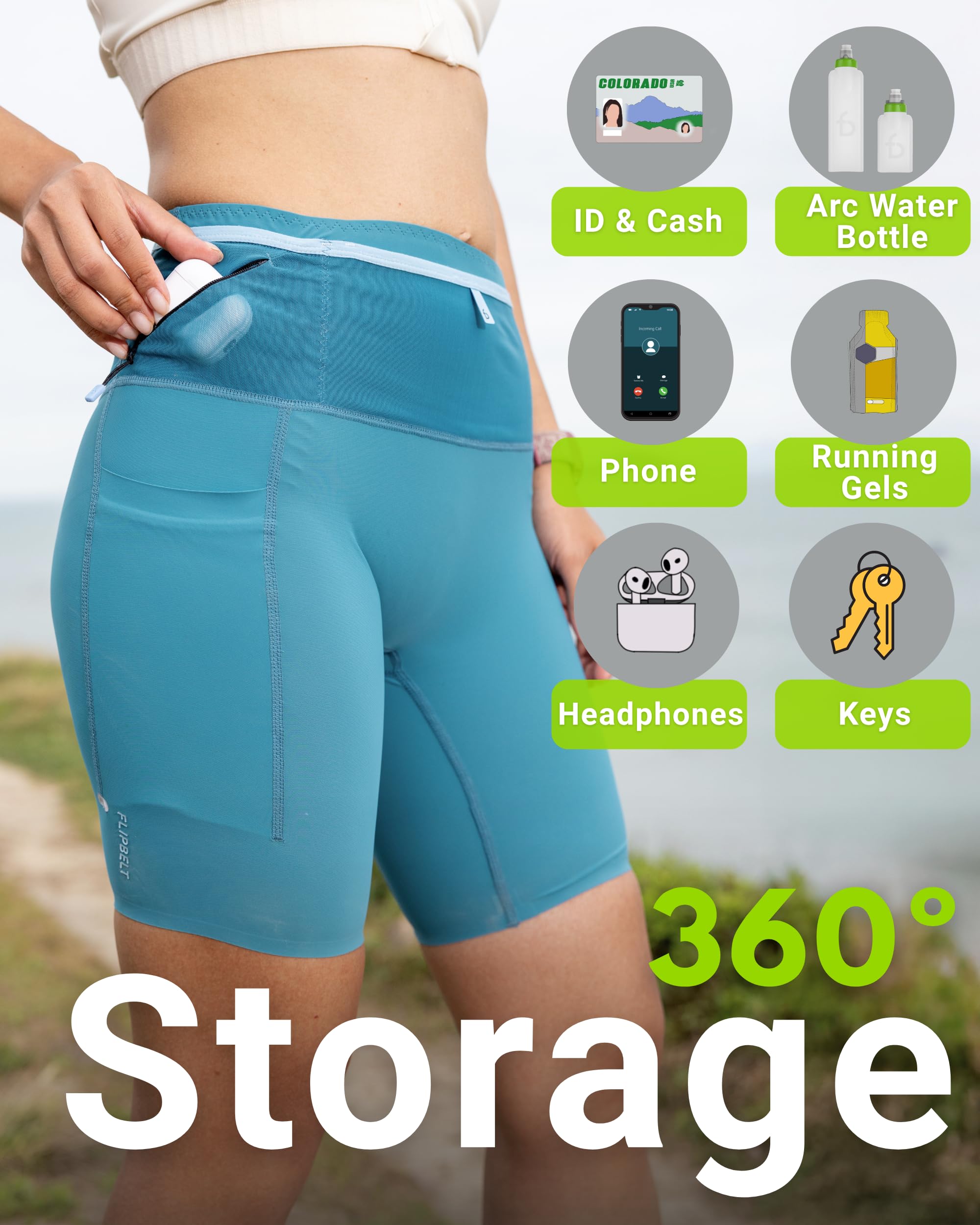 FlipBelt Women’s Air Compression Shorts – Lightweight, Moisture-Wicking with Built-in Phone Pocket – USA Small Business