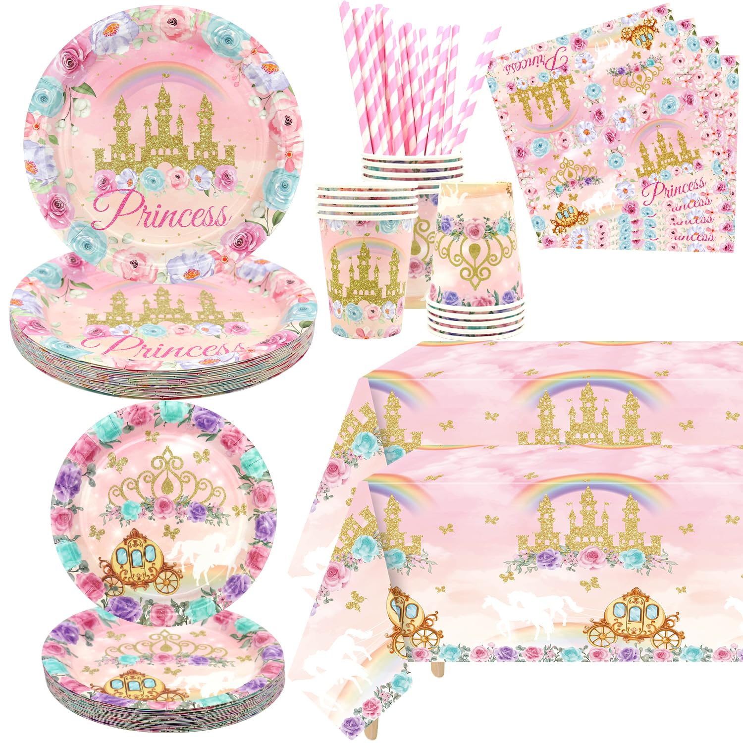Princess Birthday Party Decorations Serves 20 Guests, Including Dinner Plates, Dessert Plates, Cups, Napkins, Tablecloth, Straws, for Girls Princess Birthday Baby Shower Party Decorations