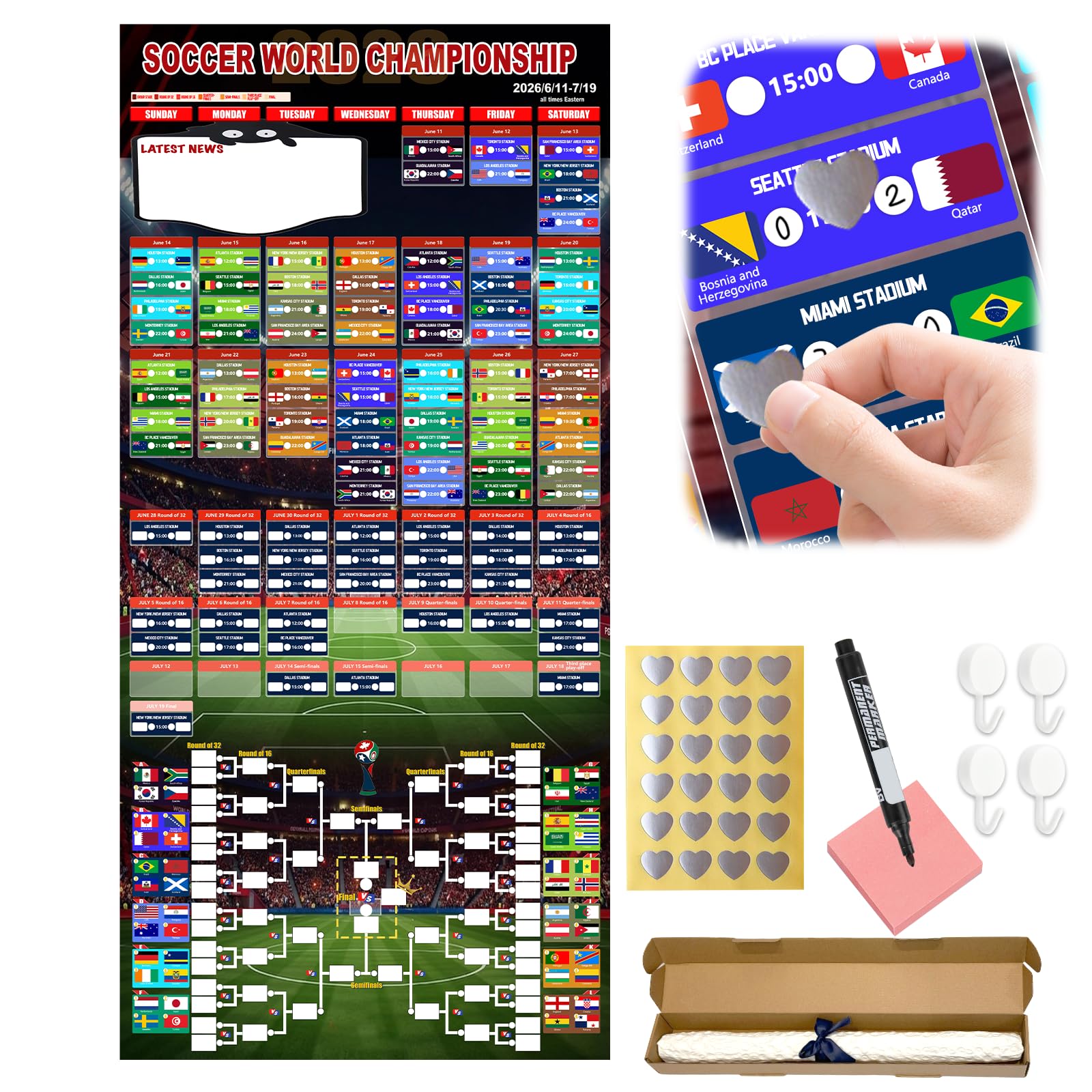 Photo 1 of 2026 International Soccer Tournament Daily Match Schedule Poster - Waterproof Wall Chart from Group Stage to Final, Complete match information package Decor Gift for Soccer Fans, 34.6"x16.5"