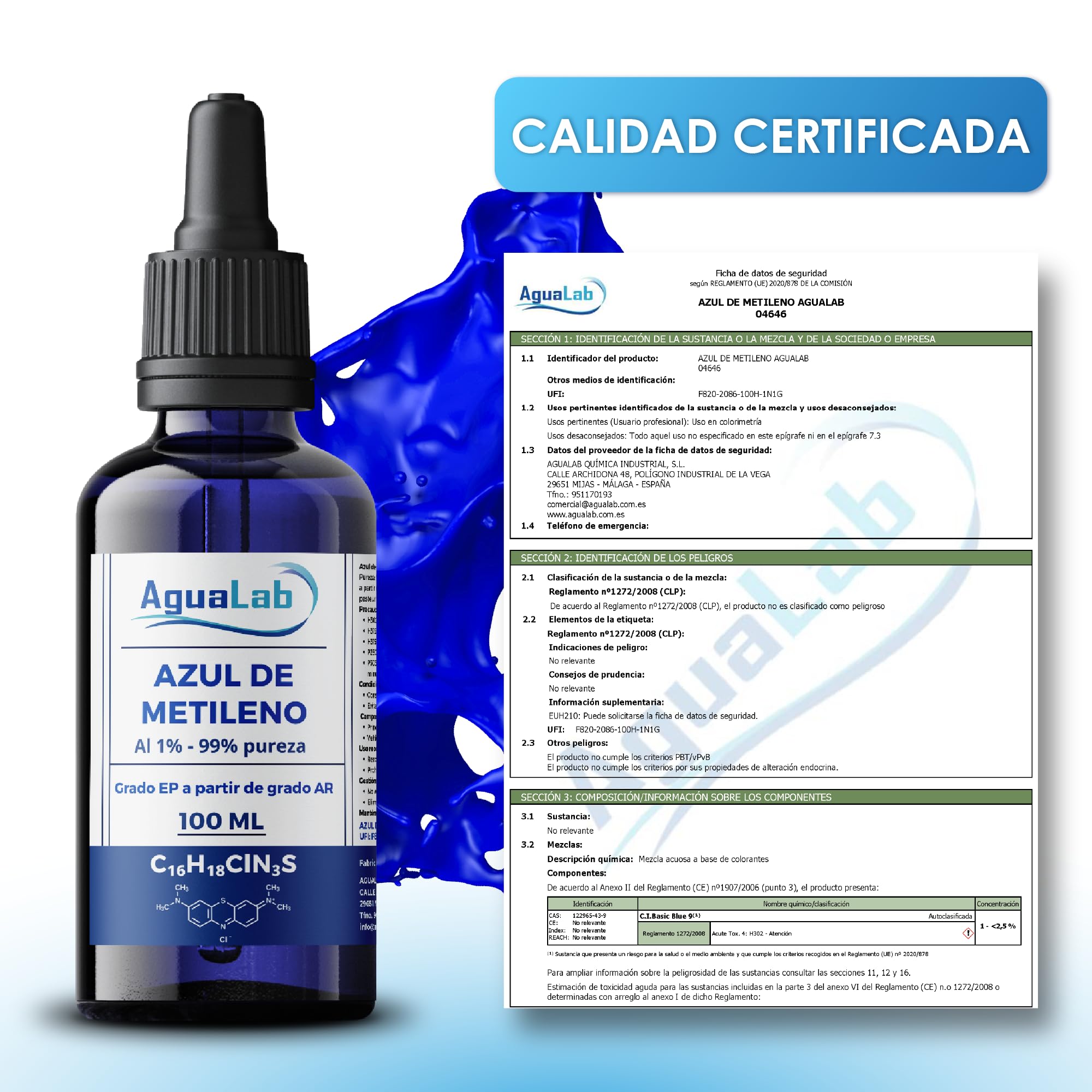 Blu di Metilene 1% Soluzione Grado EP 100 ml Alta Purezza 99% Flacone di Vetro Ambra con Dosatore