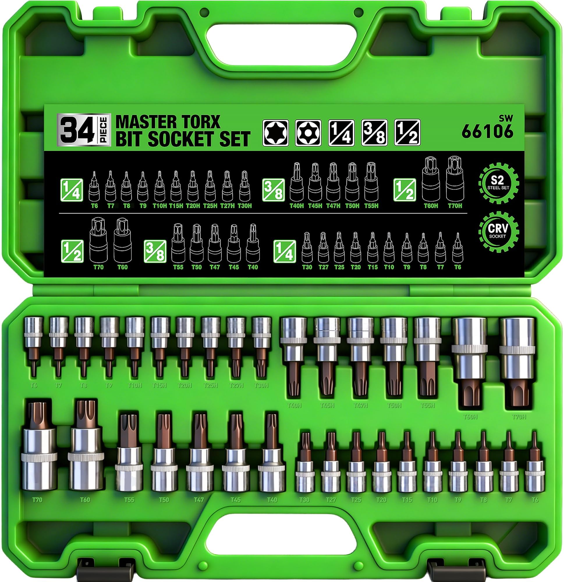 SWANLAKE GARDEN TOOLS 34-Piece Torx Bit Socket Set, Tamper Proof T6-T70, Solid Star Bits Set, Premium CR-V & S2 Alloy Steel Star Socket Sets, Torque Bit Sets with Storage Case