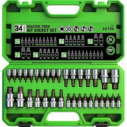 34-Piece Torx Bit Socket Set, Tamper Proof T6-T70, Solid Star Bits Set, Premium CR-V & S2 Alloy Steel Star Socket Sets, Torque Bit Sets with Storage Case