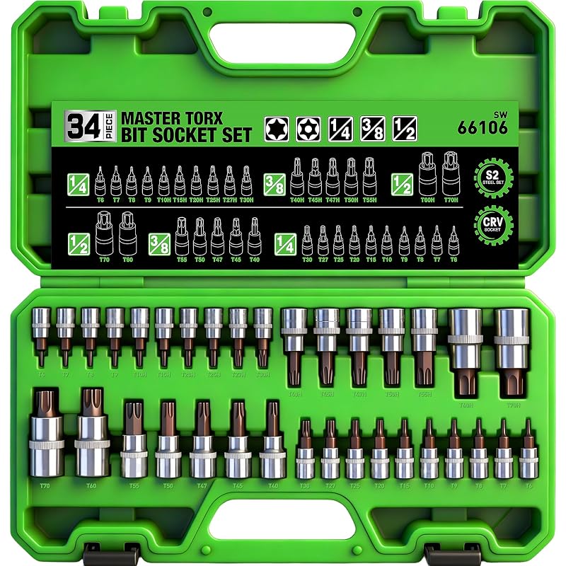 Jogo de Soquetes com Bits Torx SWANLAKE GARDEN TOOLS T6 a T70, com Bits de Segurança e Estojo, 34 Peças