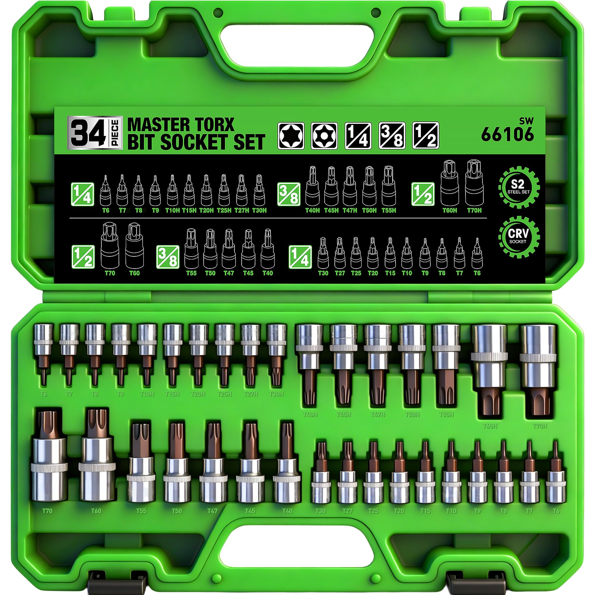 SWANLAKE zestaw nasadek bitowych Master TORX, stal stopowa premium S2, solidna gwiazda i odporność na manipulacje T6 ~ T70