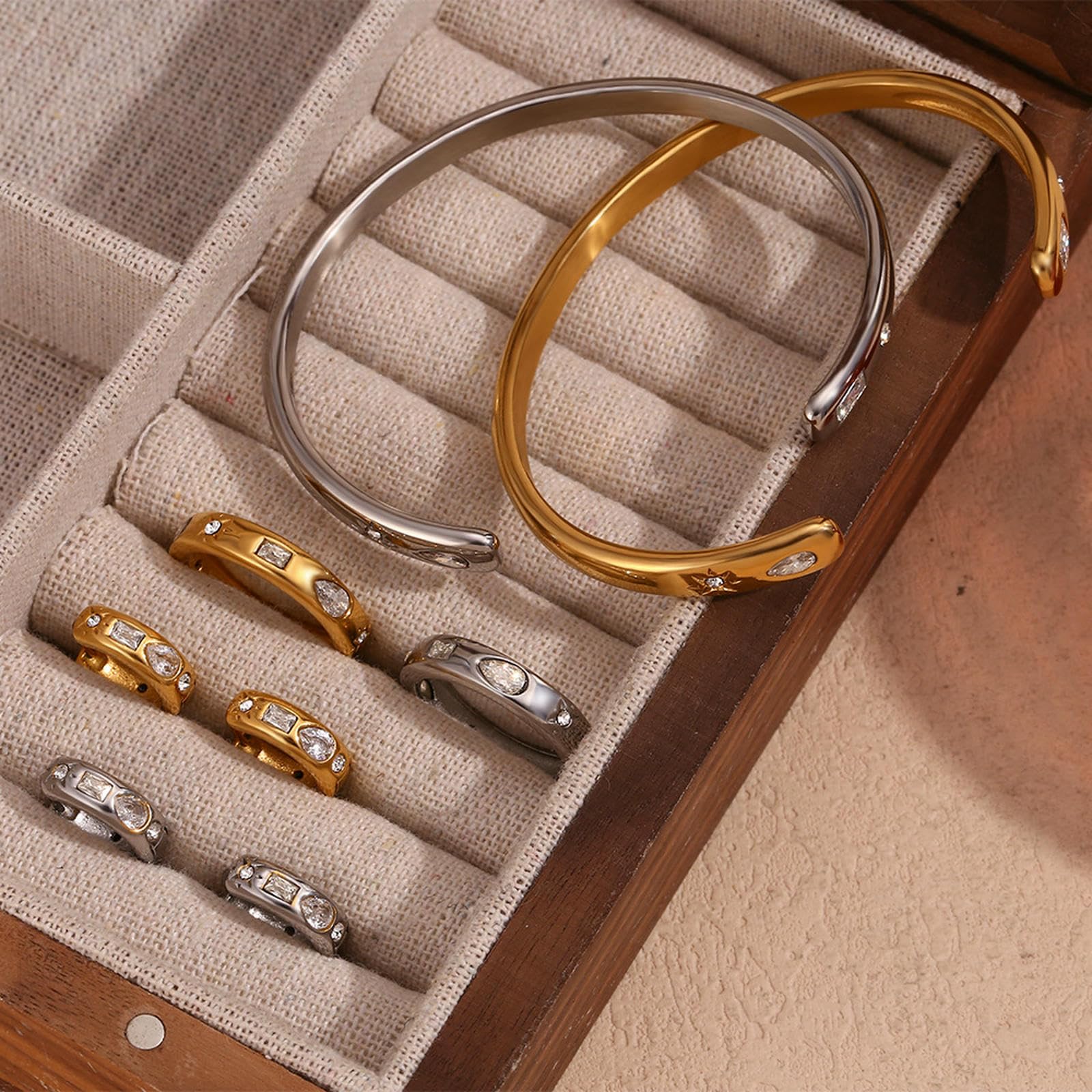 Anello da Donna in Acciaio Inossidabile Placcato Oro 18 carati Stella Pietra Rotonda Goccia d'Acqua Rettangolo Geometrico CZ Accessorio Regalo