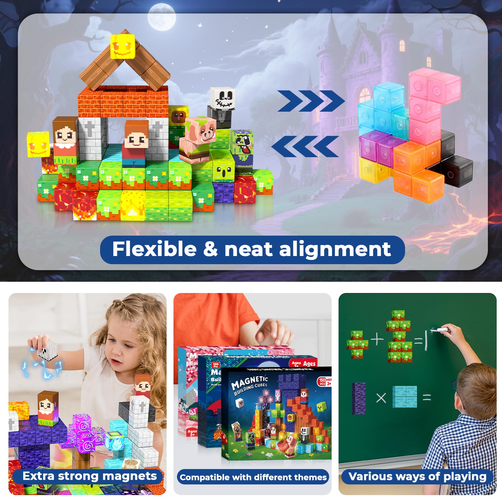 Annexfun Cube Magnétique 150 Pièces - Aventure de Maison Hantée avec Vampires, Zombies & Fantômes - Blocs de Construction Magnétiques pour Enfants dès 6 Ans | Amusement Halloween