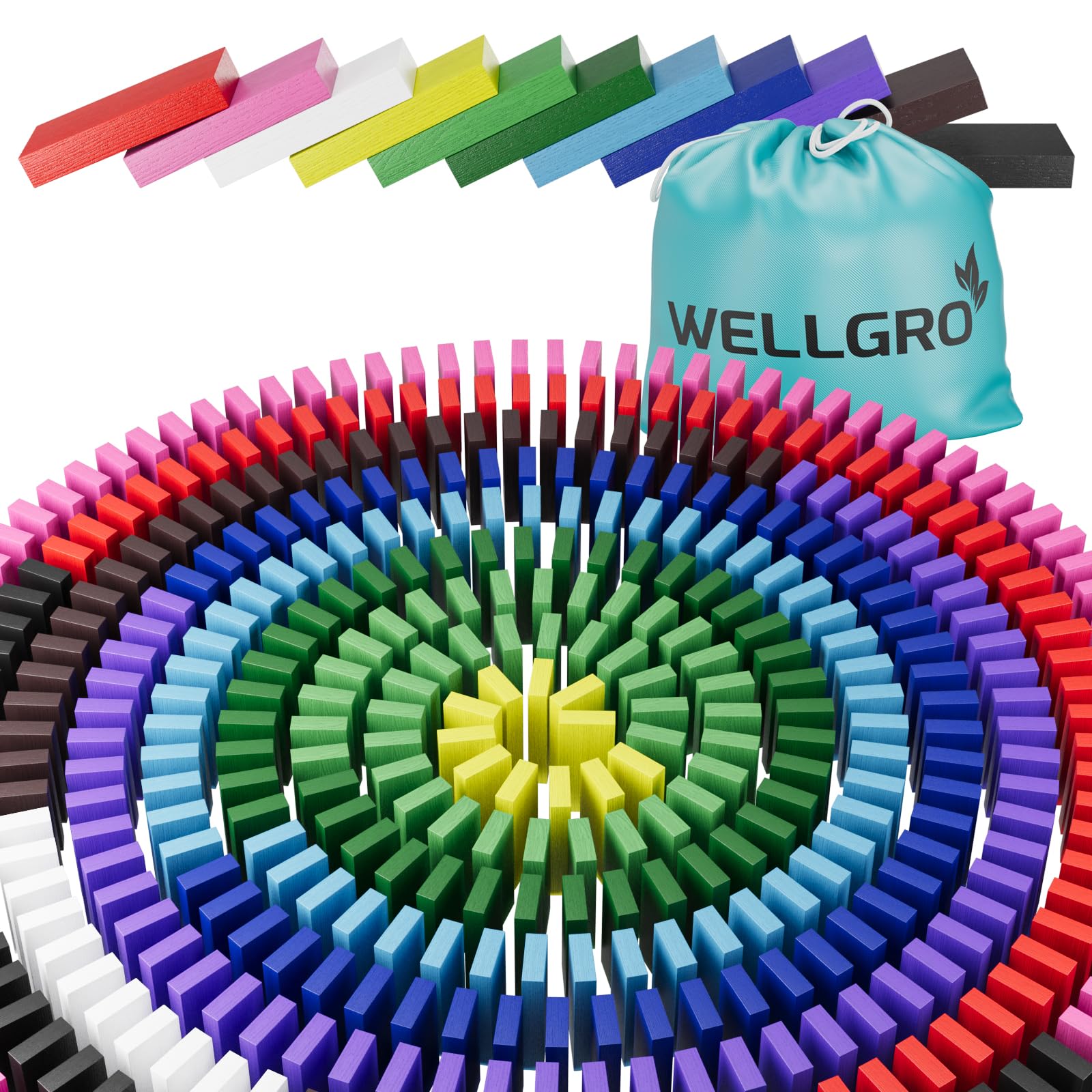 WELLGRO Domino - Mattoncini da costruzione in legno di pino ecologico, con sacchetto, blocchi di legno, colore atossico, numero di pezzi: 1200 pezzi