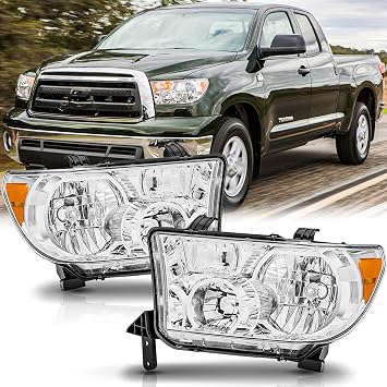 Headlight Assembly Pair for 2007-2013 Toyota Tundra with/without Level Adjuster/2008-2017 Toyota Sequoia Head Lamps Replacement Driver and Passenger Side,Chrome Housing Amber Reflector