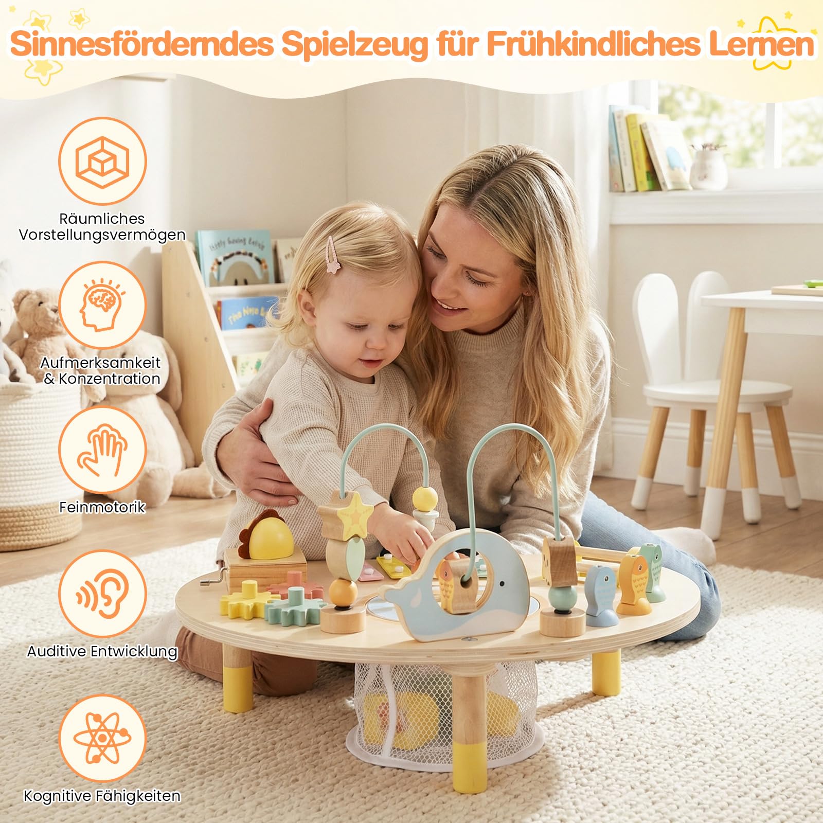 COSTWAY Aktivitätstisch Holz, Baby Montessori Spieltisch mit Motorikschleifen, Angelspiel, Xylophon, Spieluhr, Formensortierer, Motoriktisch Lernspielzeug für Kinder ab 1 Jahr