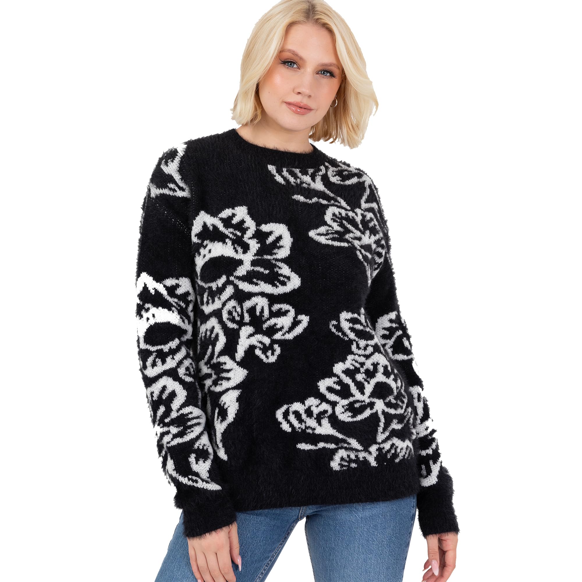Lovedrobe Women's Jumper Ladies Sweater Round Crew Neck Long Sleeve Floral Jacquard Elasticated Stretchy Casual Pullover Knitwear, Black 8-10