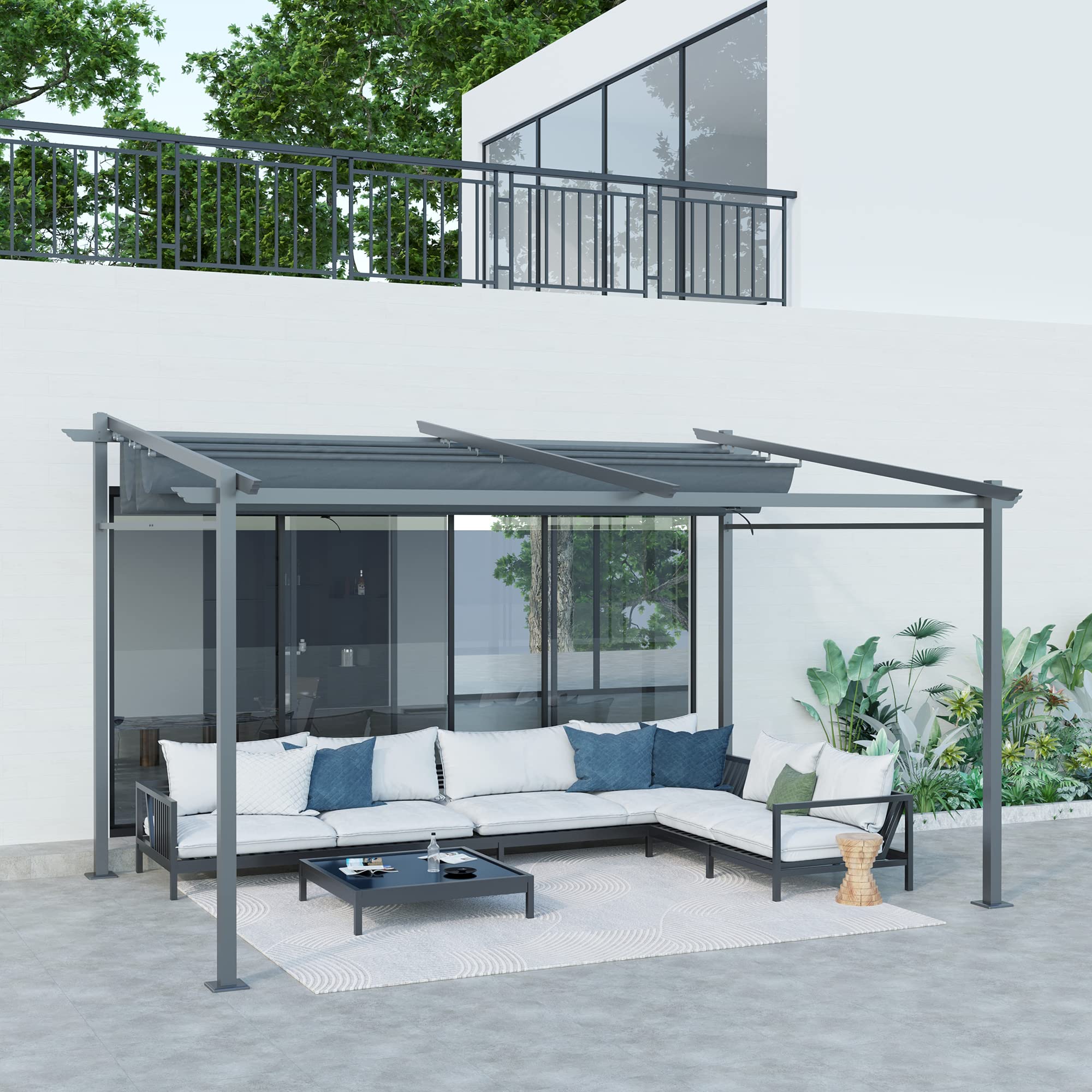Outsunny Pergola Jardin extérieur pergola 4x3 adossée avec Toile coulissante rétractable Structure Acier Toile Polyester Haute densité 180 g/m² Incluse Gris