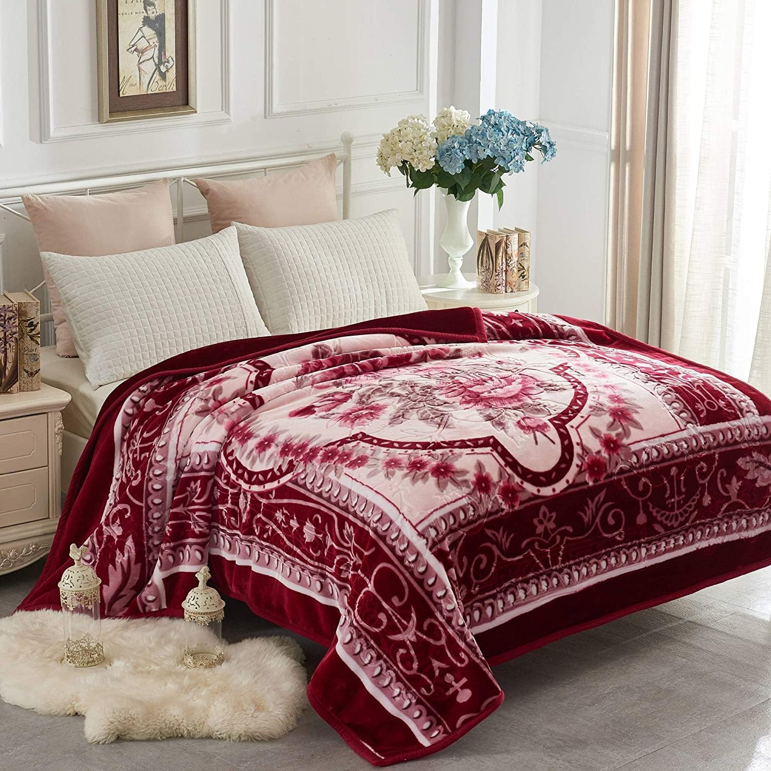 YHSF Korean Mink Blanket - 2 Ply Thick & Soft Reversible Printed Plush - Warm Cozy & Comfy Korean Faux Mink Blanket - Easy Care, Fade-Proof, Flower/Burgundy Style, King Size, 6 LB, 83 in x 91 in