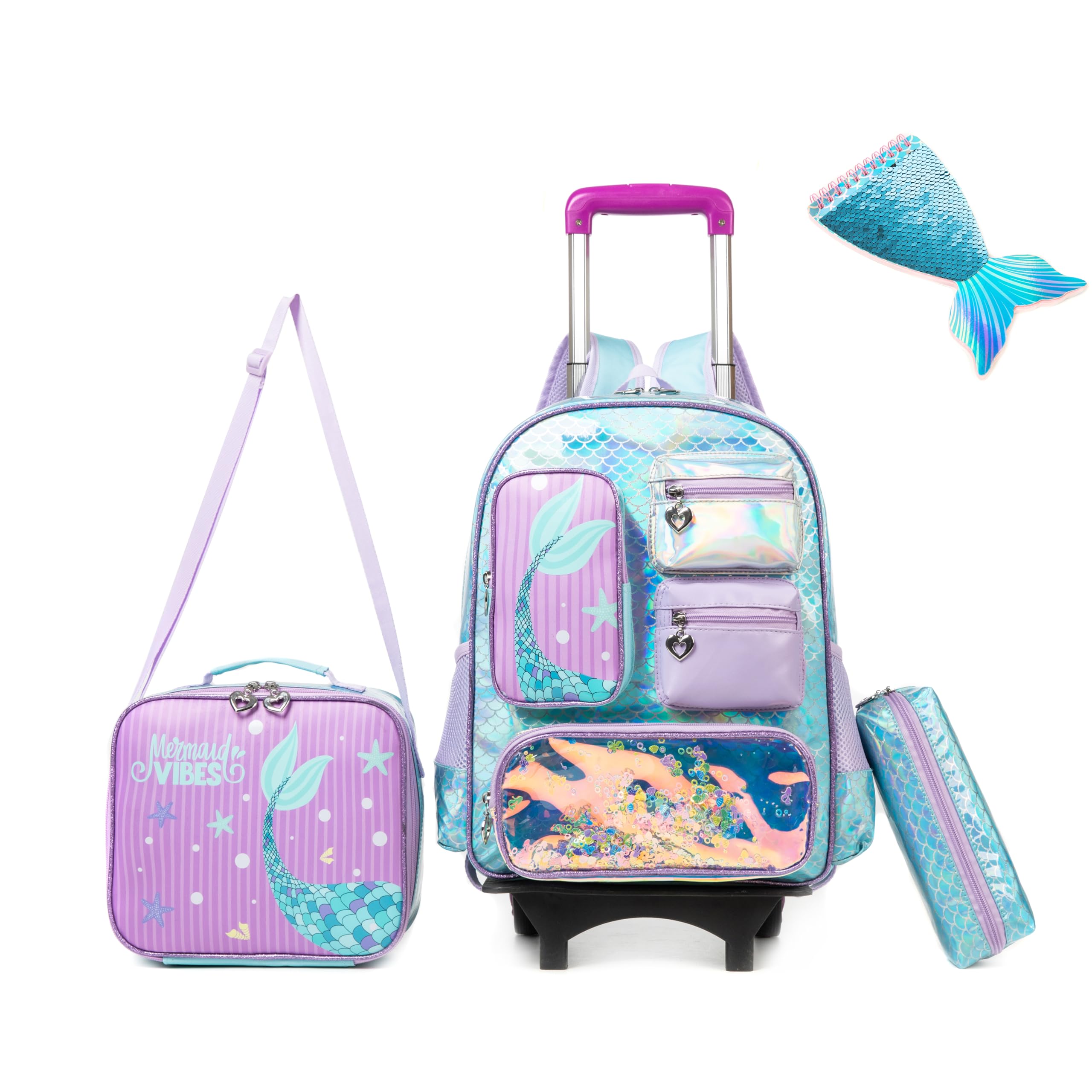 OruijiRolling Backpack for Girls with Wheels Kids Rolling Backpack with Lunch Bag Cute Lightweight Mermaid Backpack