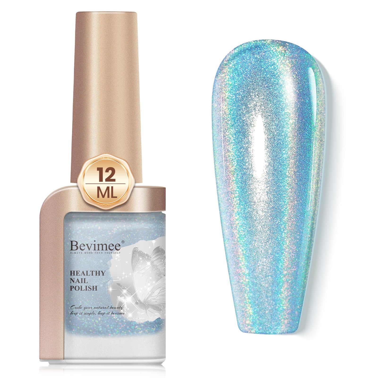 Bevimee Holographic Nail Polish 12ML Air Fast Dry Iridescent Shimmer Glitter Nail Polish Chameleon Rainbow Effect Holo Laser Blue Nail Art-No Require