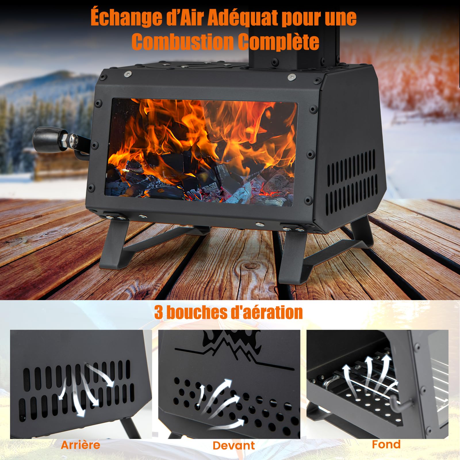 GOPLUS Mini Poêle à Bois Portable, Four à Bois Pliable de Camping avec 2 Positions de Cuisson, Poignée & Fenêtre Visuelle en Verre, pour Extérieur Pique-Nique BBQ Camping Randonnée