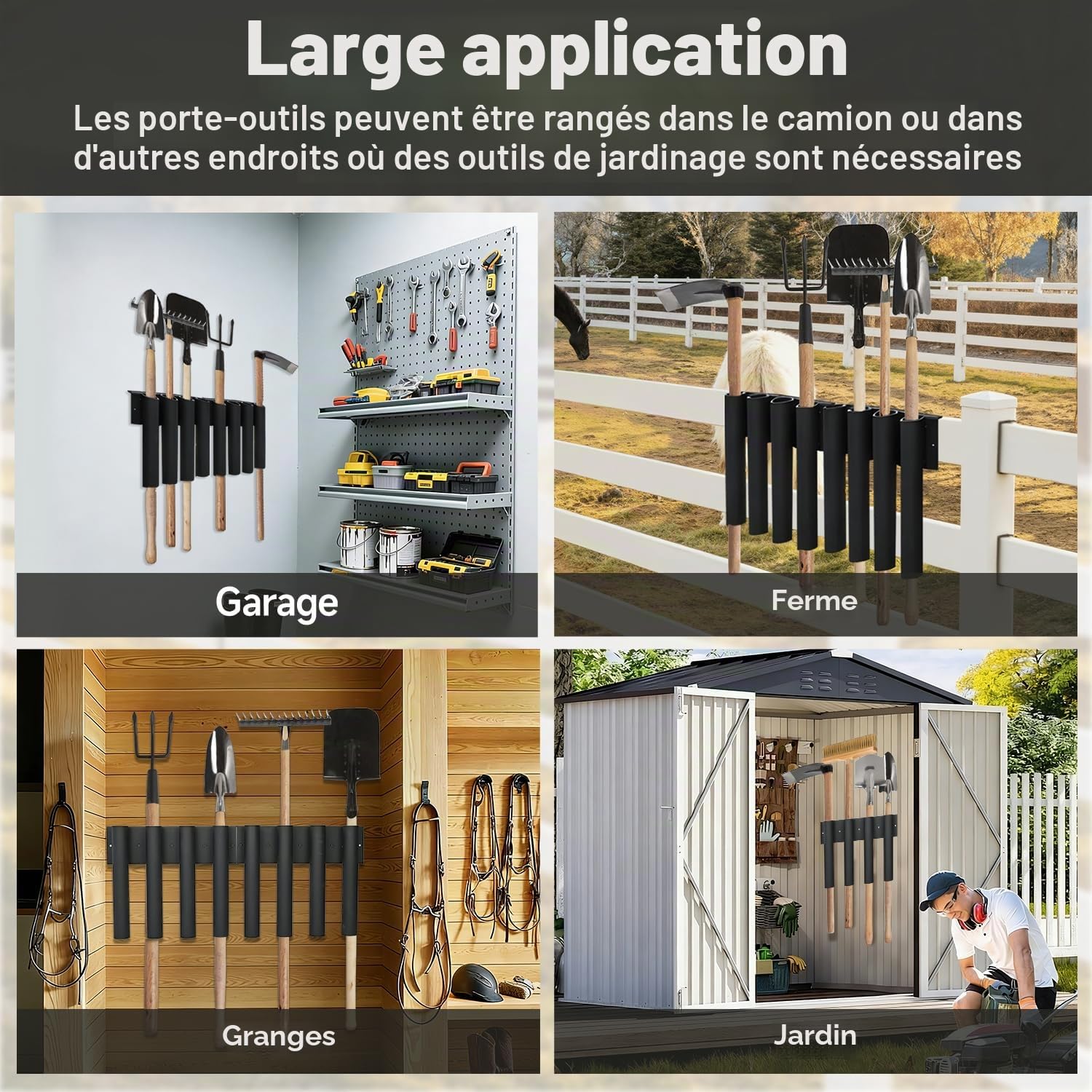 Support de pelle à 8 trous pour camion, support de pelle en métal avec 8 trous en 2 groupes, porte-outils de remorque robuste pour tondeuse, râteau, pelouse, outils à main paysagers